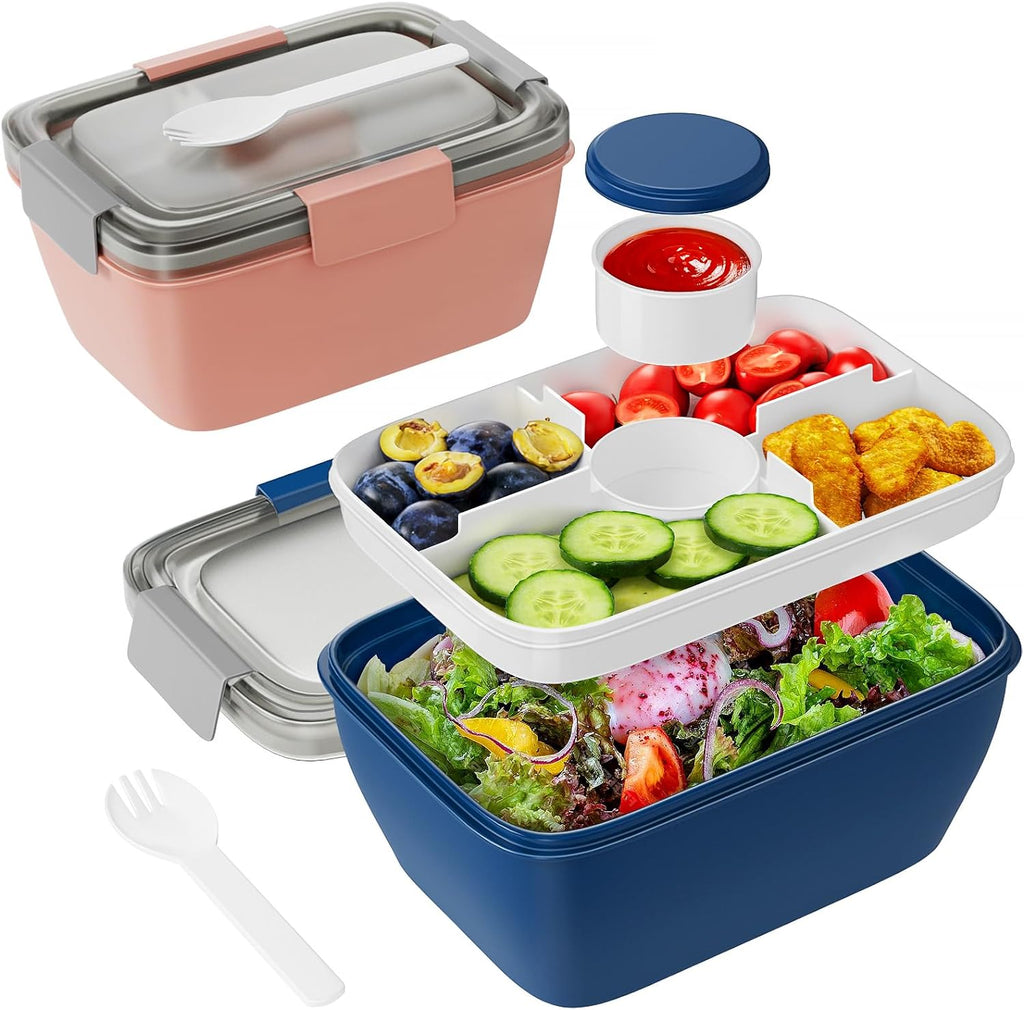 Freshmage Large Salad Container for Lunch, 2 Packs 68oz Salad Bowls with 5 Compartments, Salad Dressings Container for Salad Toppings, Snacks, Men, Women (Pink+Blue)