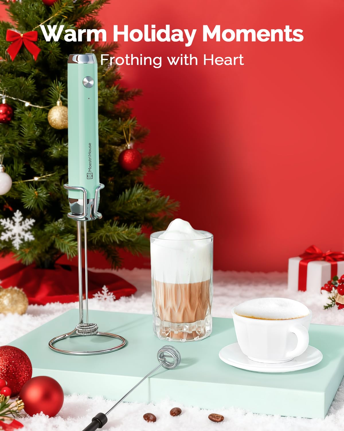Maestri House Rechargeable Milk Frother with Stand, LunaFro Handheld Electric Foam Maker Waterproof Detachable Stainless Steel Whisk Drink Mixer Foamer for Lattes, Cappuccino