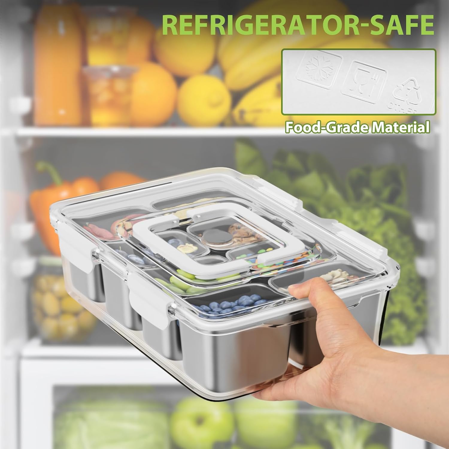 Freshmage 8 Compartment Stainless Steel Snack Containers and 2 Pack Reusable Food Storage Snackle