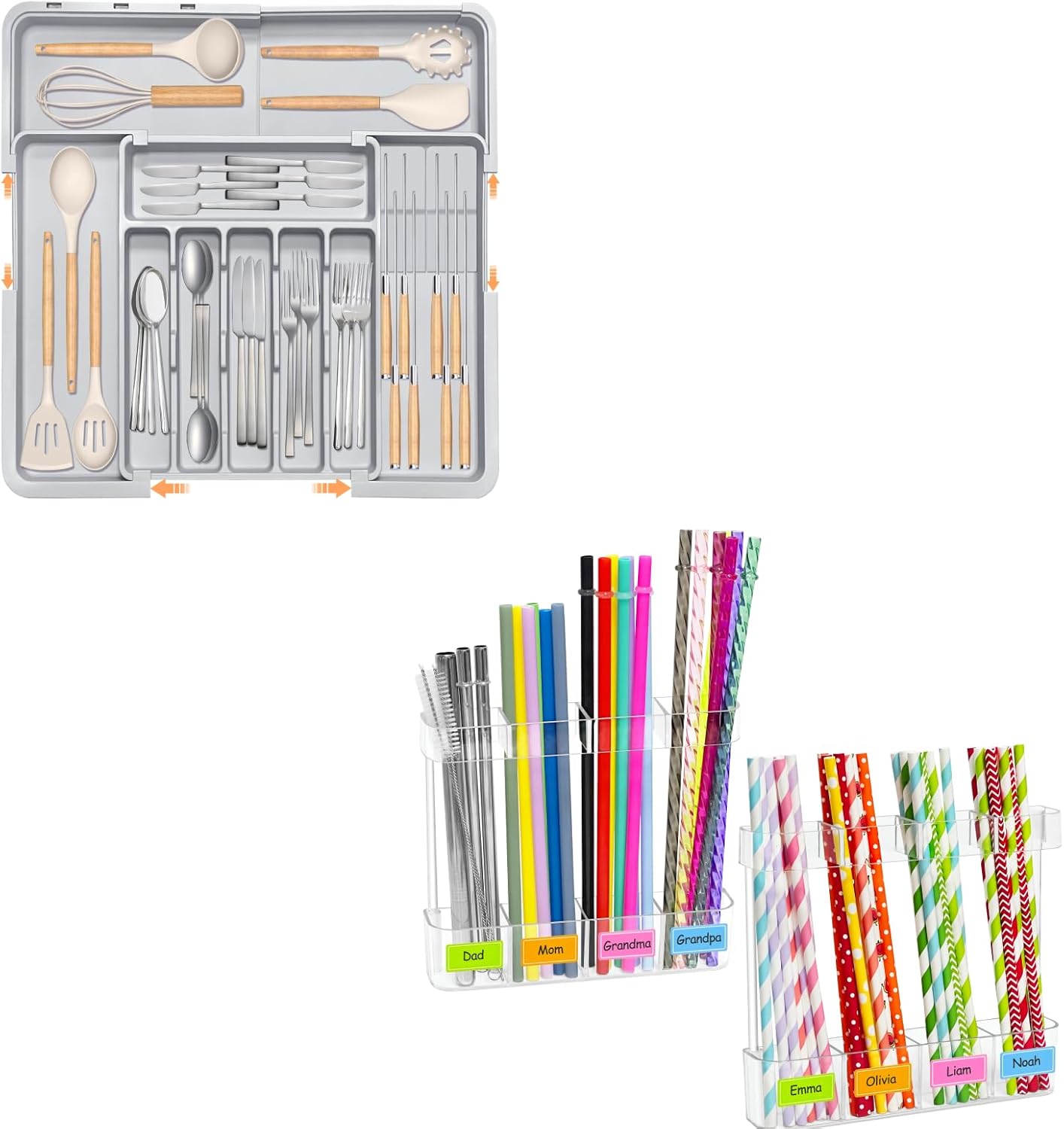 Homecor Silverware Organizer - Expandable Large Kitchen Drawer Organizer Utensil Organizer with 2 Removable Knife Blocks & 2 PACK Acrylic Straw Holder for Cabinet Door