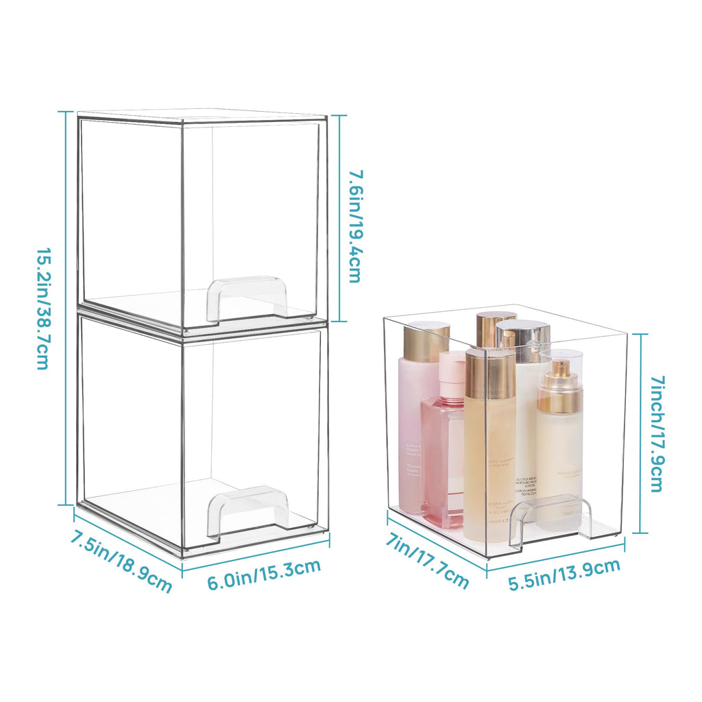 Vtopmart 12.1''W Clear Stackable Storage Drawers,2 Pack Acrylic Plastic Organizers Bins for Makeup Palettes, Cosmetics, and Beauty Supplies,Ideal for Vanity, Bathroom,Cabinet,Desk Organization