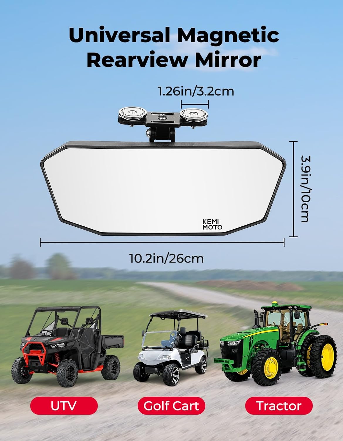 KEMIMOTO Magnetic Rear View Mirror, Universal Magnetic Tractor Mirror Fit for Golf Carts, Forklifts, Trucks, UTV, Compatible with Polaris Ranger, Can-Am Defender, EZGO RXV TXT, No Drilling Required