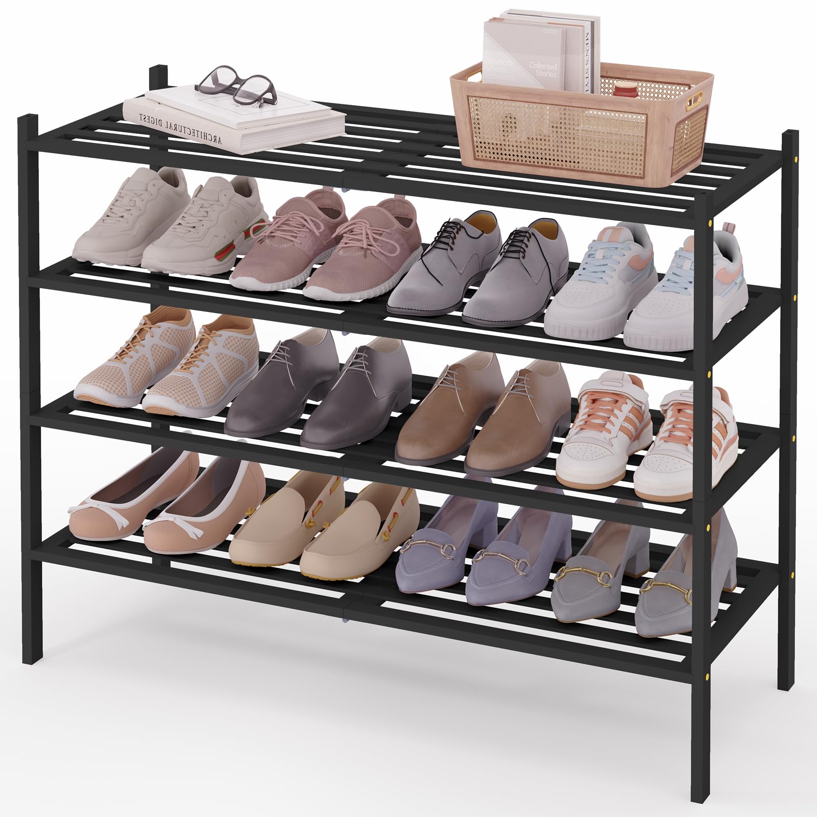 Smiry Bamboo Shoe Rack 3-Tier, Stackable Wooden Shoe Organizer for Entryway & Closet, Free Standing Wood Shoe Storage Shelf for Front Door & Small Spaces, Natural