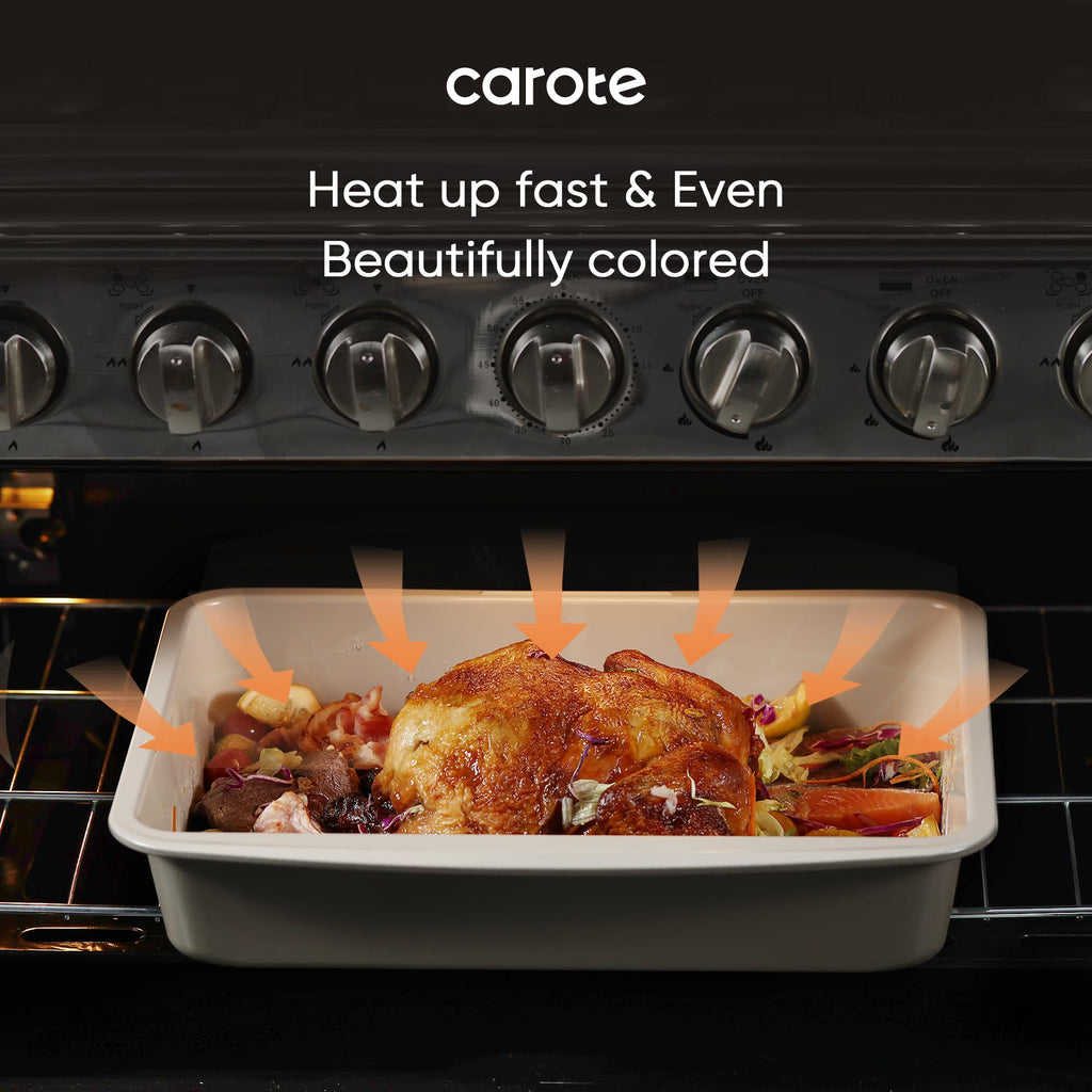 CAROTE 7-Piece Nonstick Stackable Baking Pans Set - Bakeware Sets Including Cookie Sheets for Baking, Muffin Pan, Bread Pan, Cake pan, Loaf Pan, Roasting Pan, Gray & Khaki