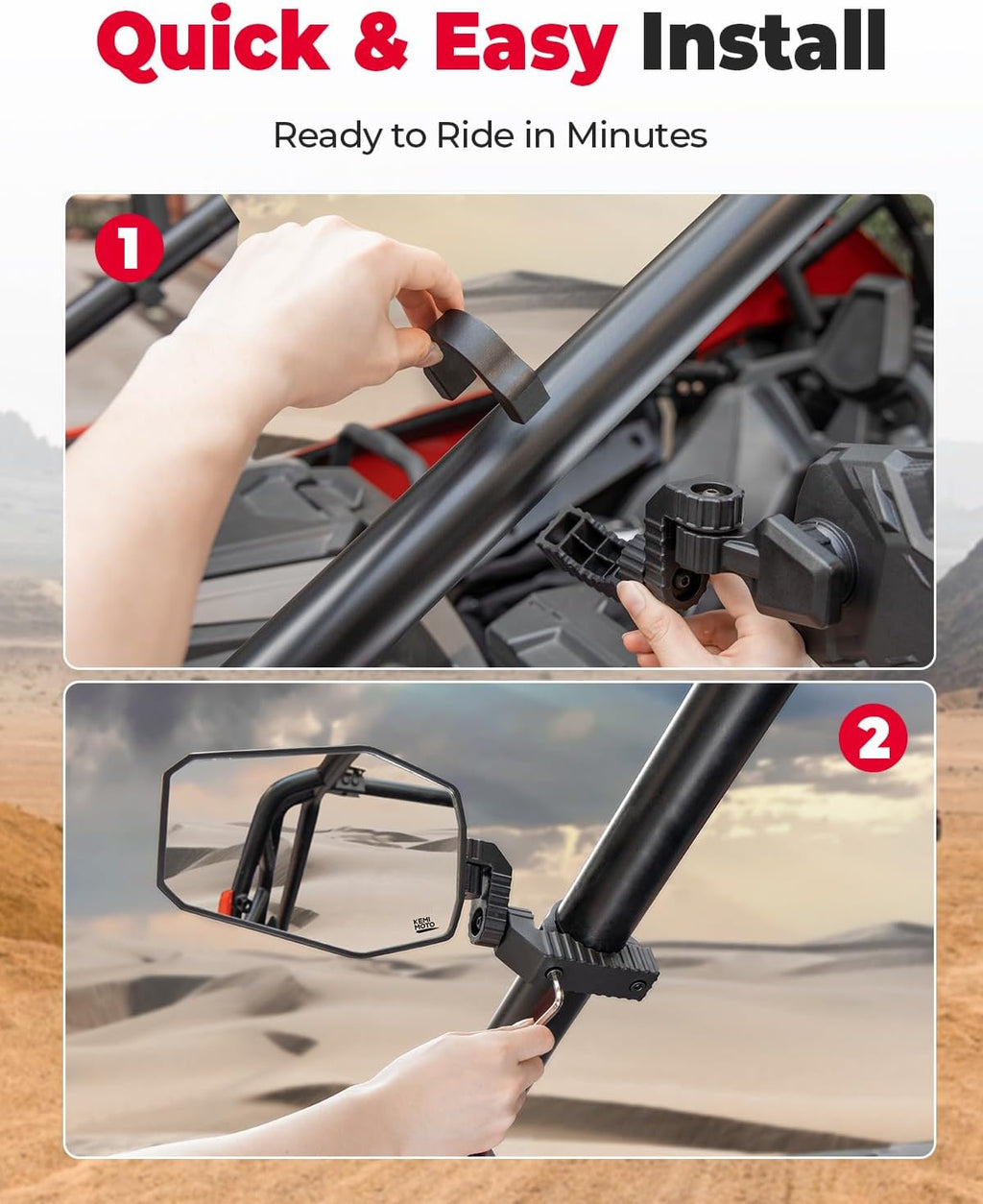 KEMIMOTO UTV Side Mirrors, UTV Mirrors for 1.65-2 inch Roll bar Compatible with Polaris RZR, Can-Am Maverick X3, Pioneer, Talon, Teryx, Gator, CFMOTO, Multi-Adjustment Convex Mirrors