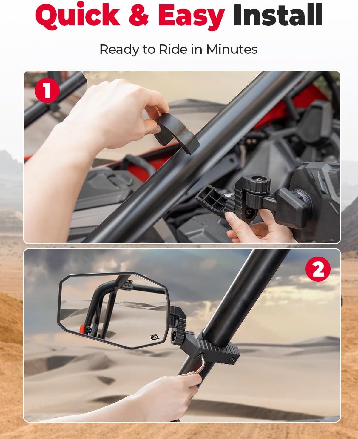 KEMIMOTO UTV Side Mirrors, UTV Mirrors for 1.65-2 inch Roll bar Compatible with Polaris RZR, Can-Am Maverick X3, Pioneer, Talon, Teryx, Gator, CFMOTO, Multi-Adjustment Convex Mirrors