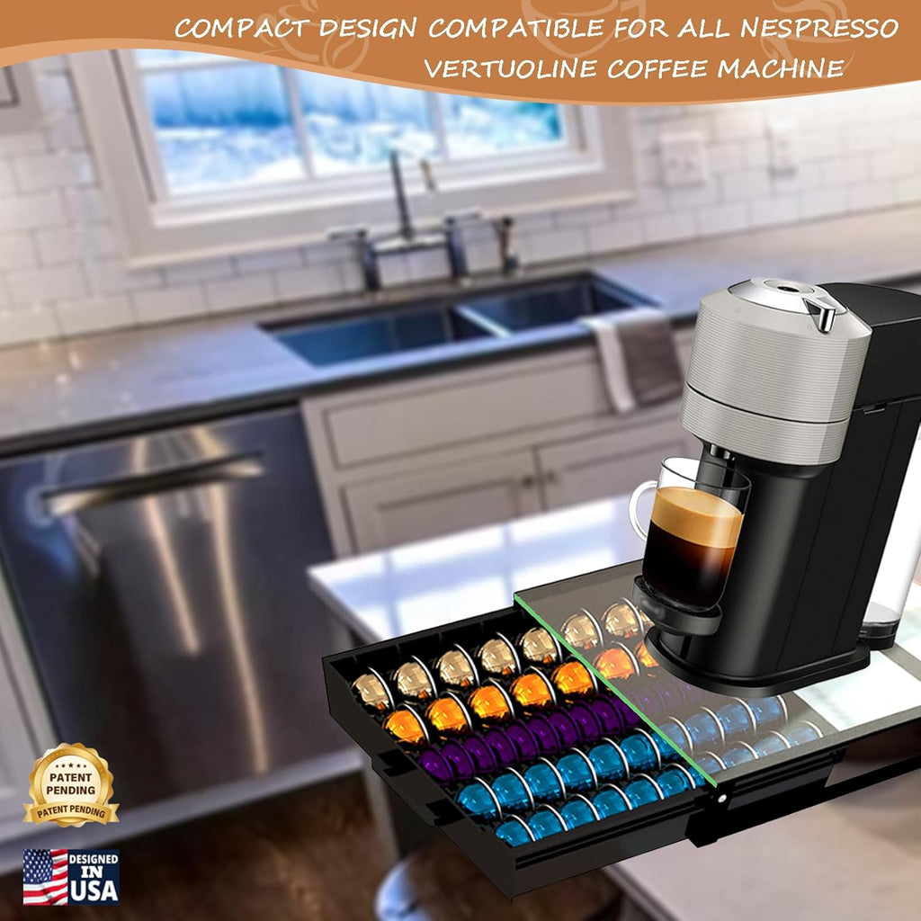 Heavy Duty Crystal Acrylic Sleek Coffee Pods Holder with Beautiful Solid Pod Drawer, Compatible for All Nespresso VertuoLine Pods, Great Capacity Holds up to 60 Small or 40 Big Vertuoline Pods