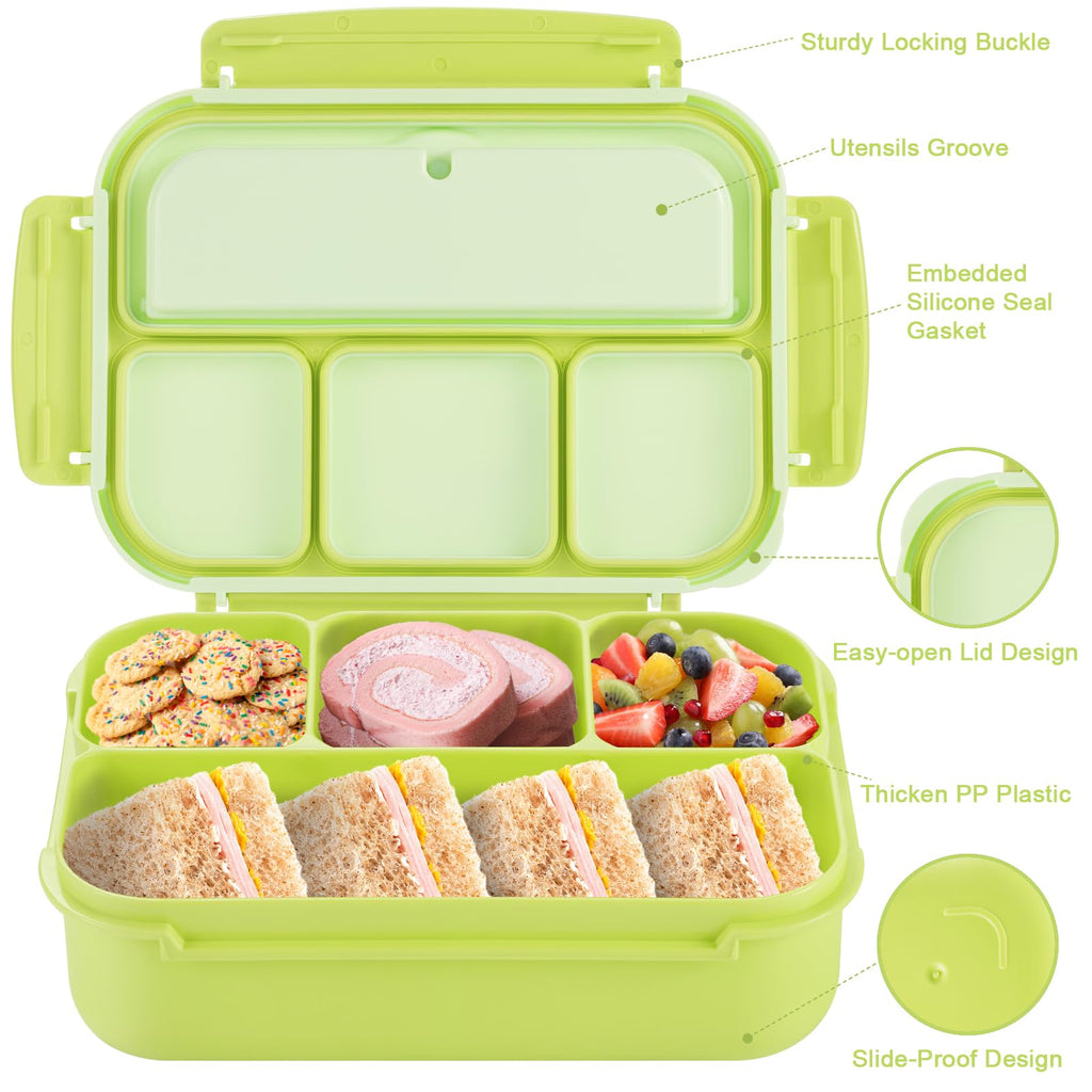 Bento Box Adult Lunch Box, Containers for Adults Men Women with 4 Compartments, Lunchable Food Container with Utensils, Sauce Jar, Muffin Liners, 40 Oz/5 Cup, Microwave & Dishwasher Safe, Brown