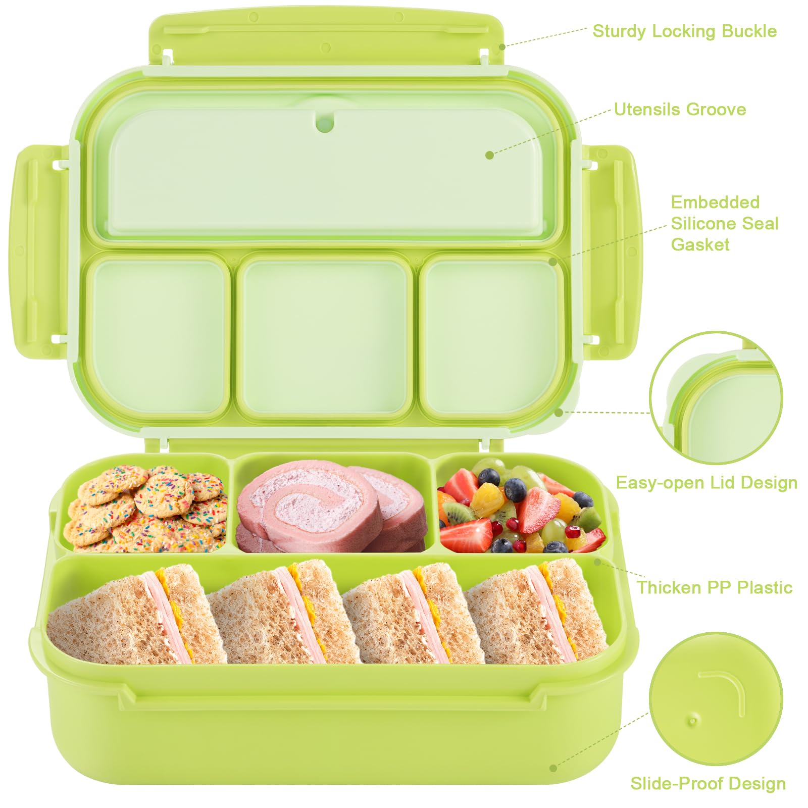 Bento Box Adult Lunch Box, Containers for Adults Men Women with 4 Compartments, Lunchable Food Container with Utensils, Sauce Jar, Muffin Liners, 40 Oz/5 Cup, Microwave & Dishwasher Safe, Brown