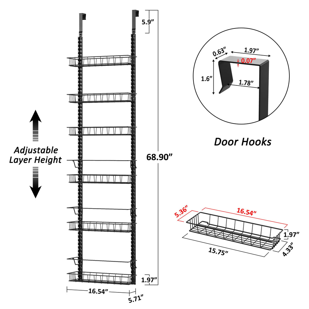 Churboro Over the Door Pantry Organizer Rack with 9 Adjustable Baskets, 9 Tiers Dual-use Hanging or Wall Mount Spice Rack Organizer, Black