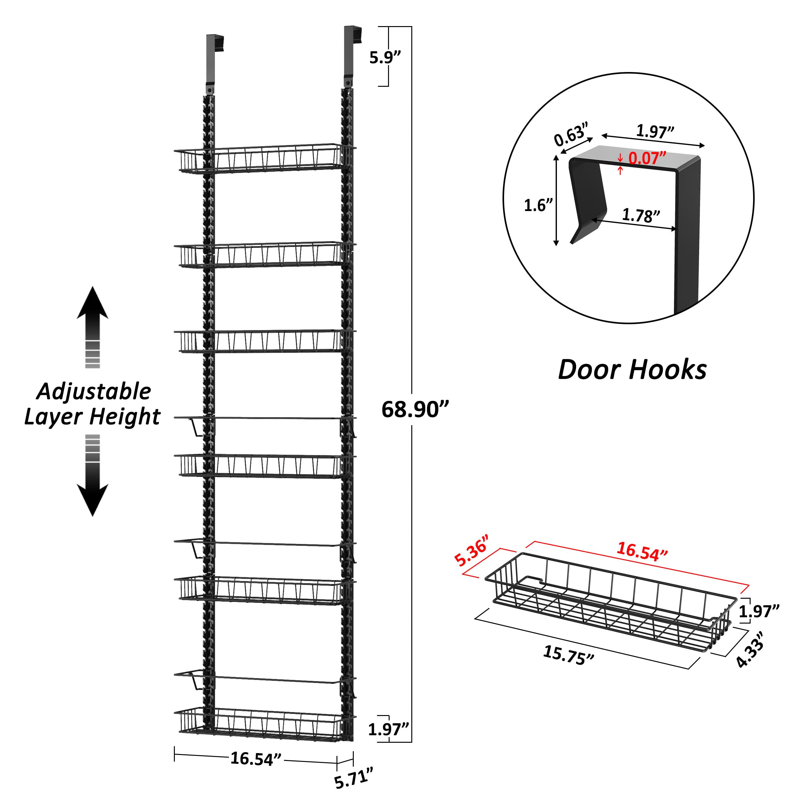 Churboro Over the Door Pantry Organizer Rack with 9 Adjustable Baskets, 9 Tiers Dual-use Hanging or Wall Mount Spice Rack Organizer, Black