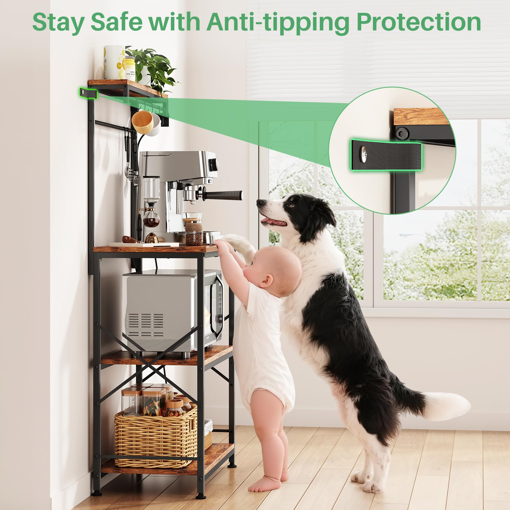 SNTD Bakers Rack with Power Outlet, Kitchen Shelves Microwave Stand with Wire Grid and 10 Hooks, 4 Tiers Coffee Stand (Rustic Brown, 23.5 x 15.6 x 52.8 Inches)