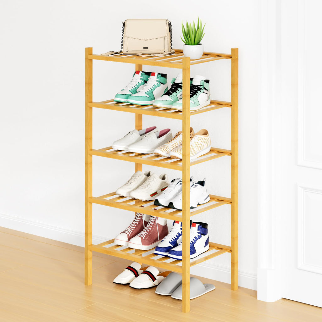 Smiry Shoe Rack, 3 Tier Bamboo Shoe Organizer, Stackable Free Standing Wooden Shoe Storage Shelf for Closet, Entryway, Front Door Entrance, Natural