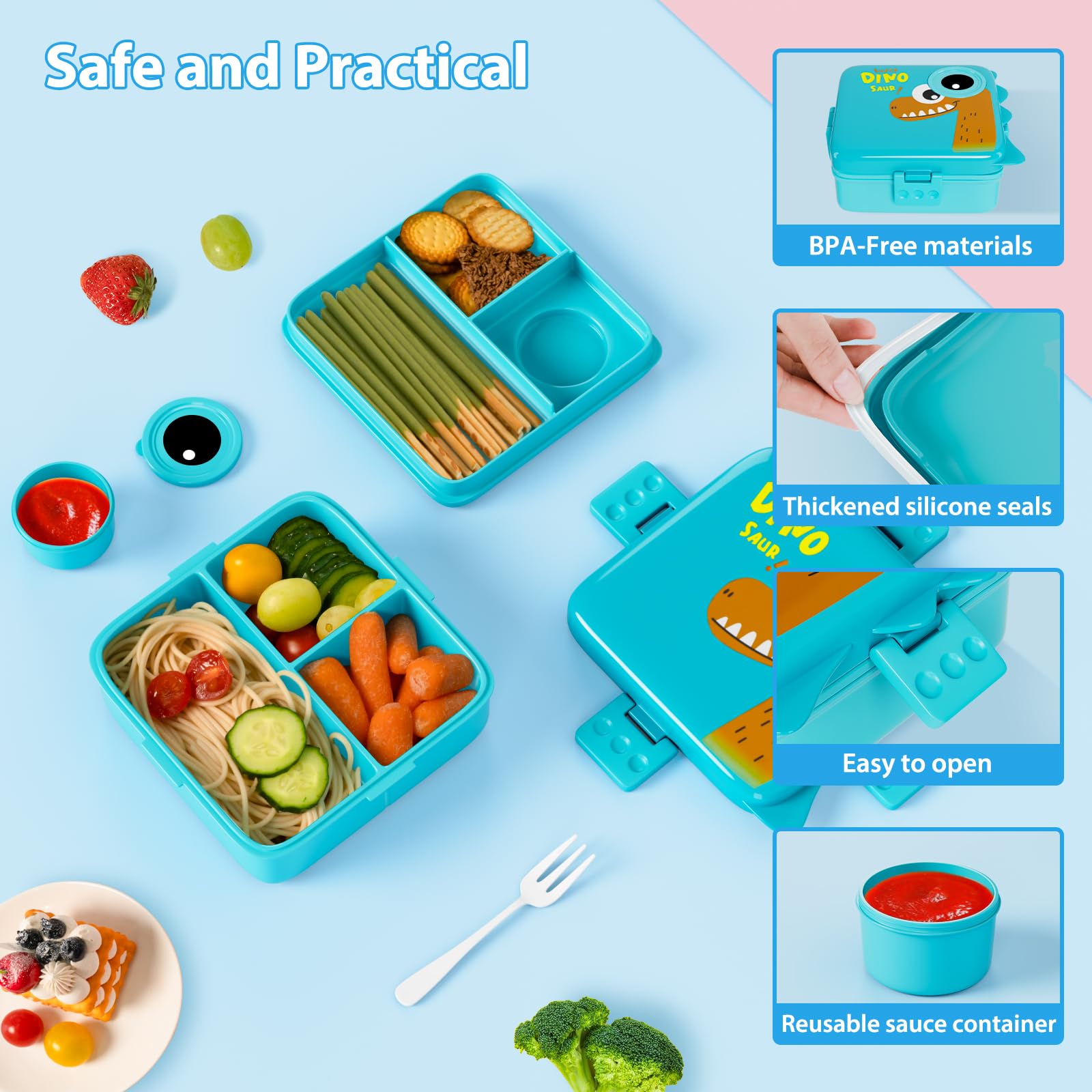 Freshmage Plastic Double-Layer Bento Box Container with 3 Compartments, Large Capacity Leakproof and BPA Free Bento Lunch Box, Durable,Drop-Proof, Dishwasher and Microwave Safe, Blue