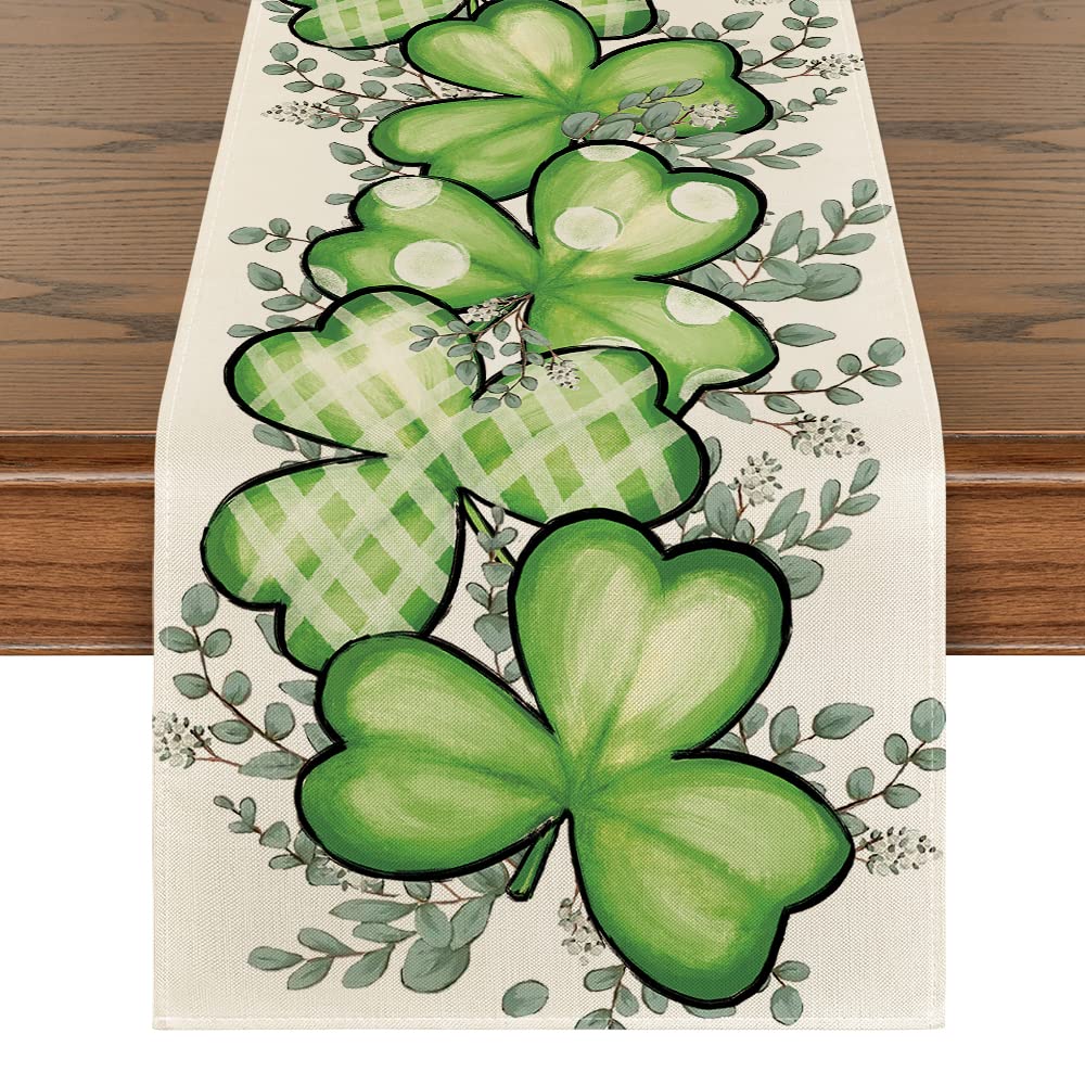 Artoid Mode Clover Shamrocks Eucalyptus Buffalo Plaid St.Patrick's Day Table Runner, Seasonal Kitchen Dining Table Runner for Home Party Decor 13x72 Inch