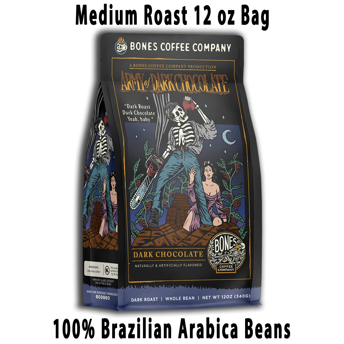 Bones Coffee Company Salted Caramel Flavored Coffee, Medium Roast Low Acid Arabica Beans Compatible with Auto drip and French Press Coffee Maker, 12 Oz Whole Bean