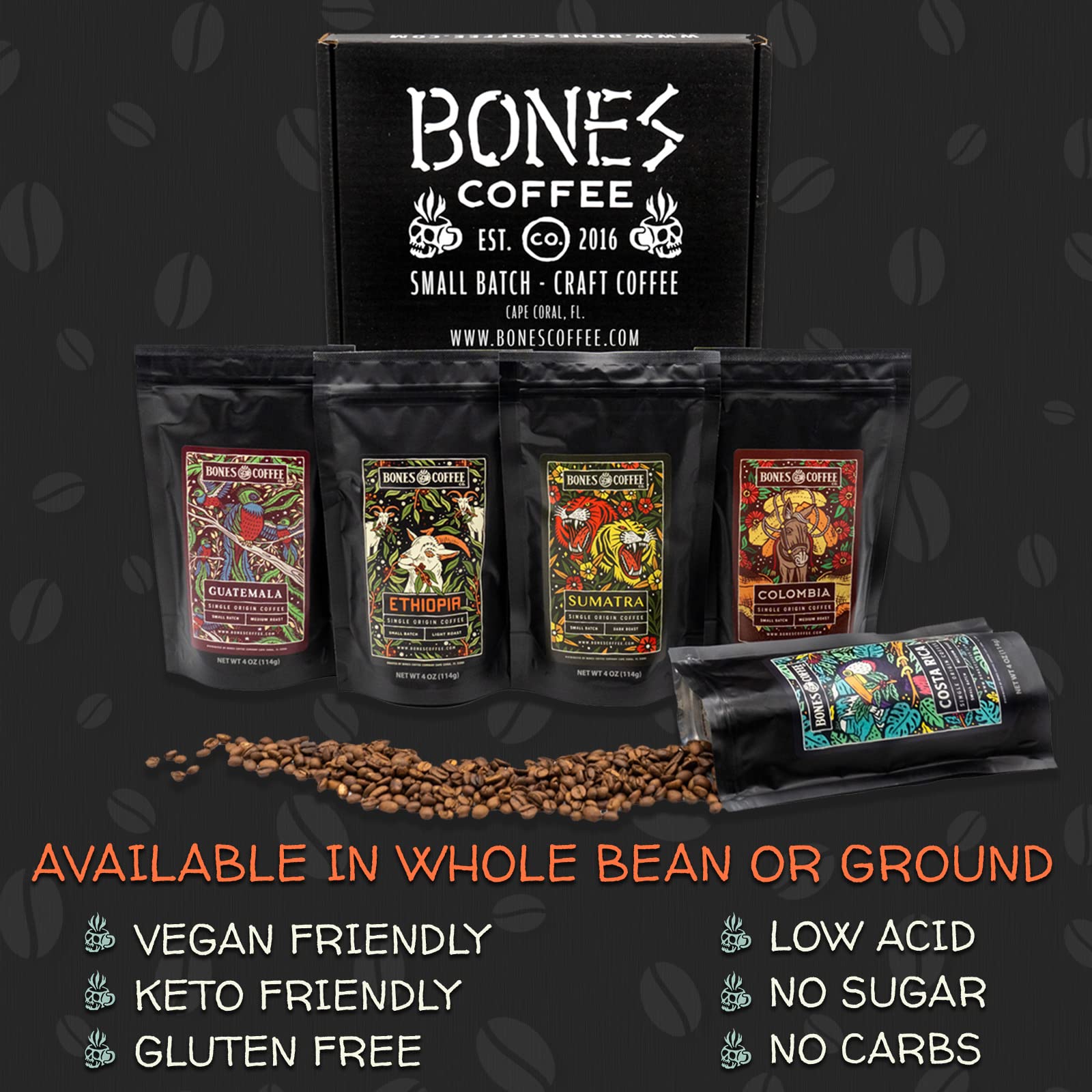 Bones Coffee Company NEW Favorite Flavors Sample Pack, Assorted Flavored Coffee Low Acid Medium Roast Arabica Beans Specialty Coffee Gifts, Auto Drip and French Press Compatible, 4 oz Pack of 5 Ground