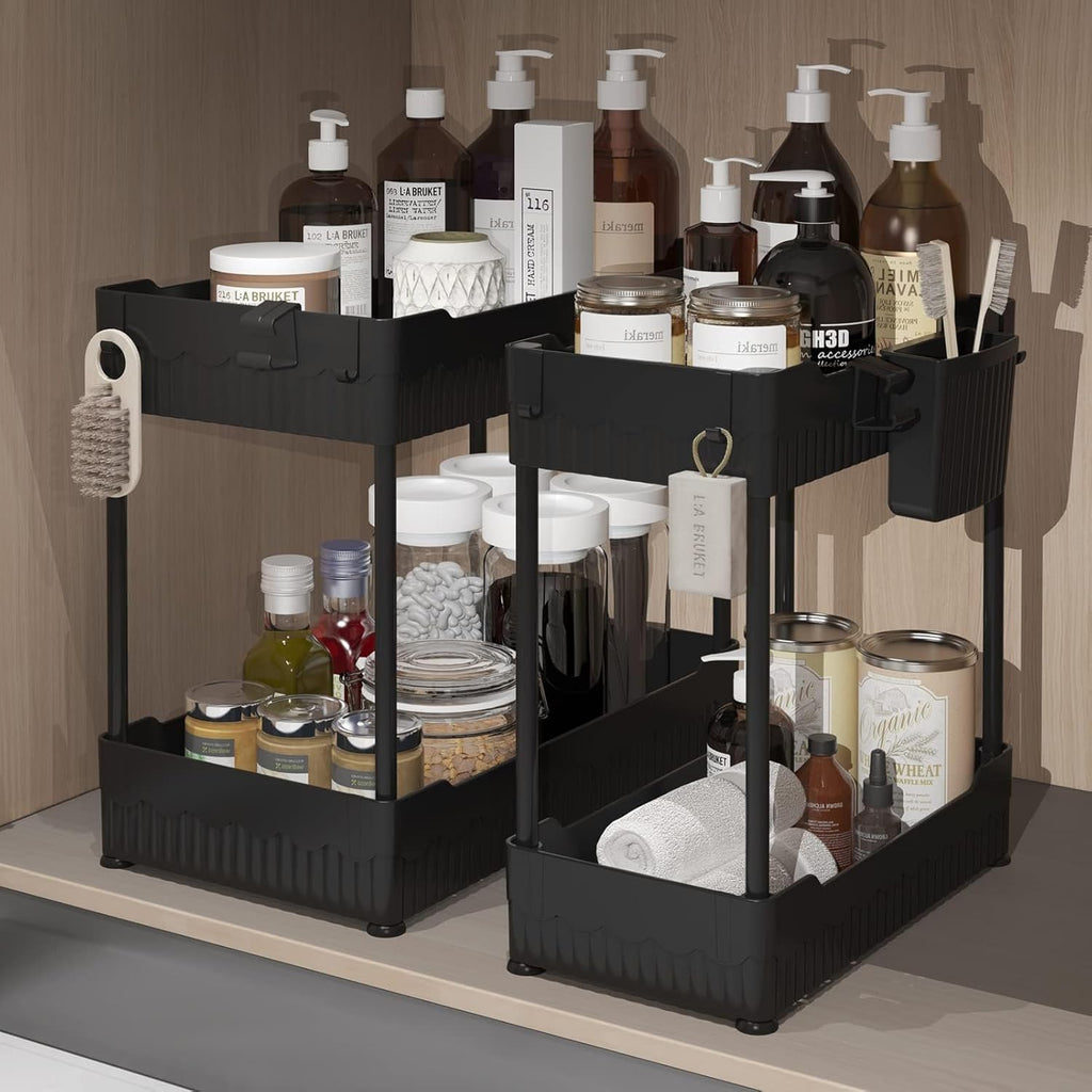 2 Tier Fruit Basket for Kitchen Counter with 2 Banana Hangers, 2 Packe of Under Sink Organizers with Hooks Hanging Cup for Kitchen and Bathroom