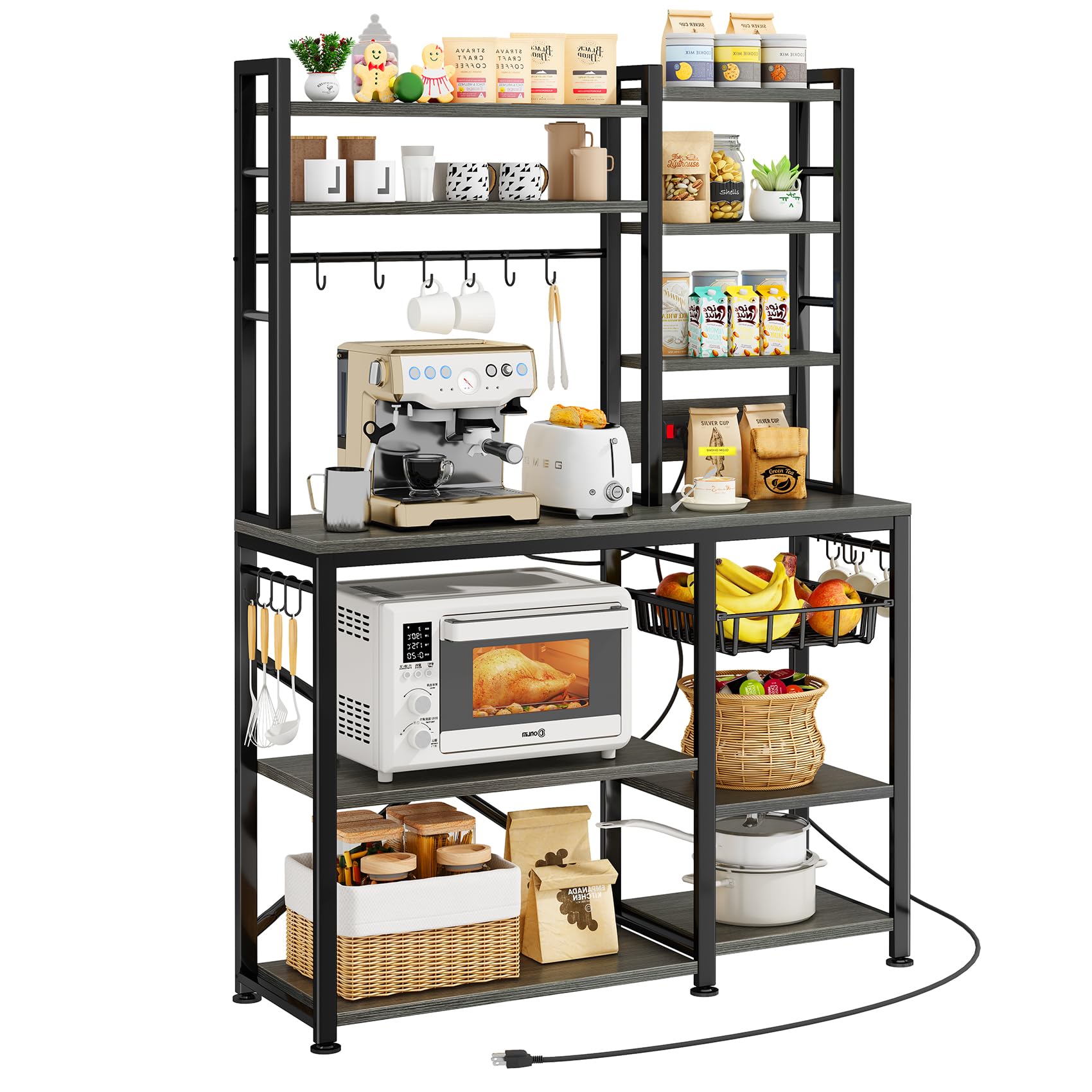 Baker Rack with Power Outlet - Microwave Stand with Storage, Large Coffee Bar Station with 14 Hooks, Metal Kitchen Shelf Rack for Spices, Pots (Rustic Brown) | with Power Outlet, with Storage, with 14 Hooks, for Spices, for Pots
