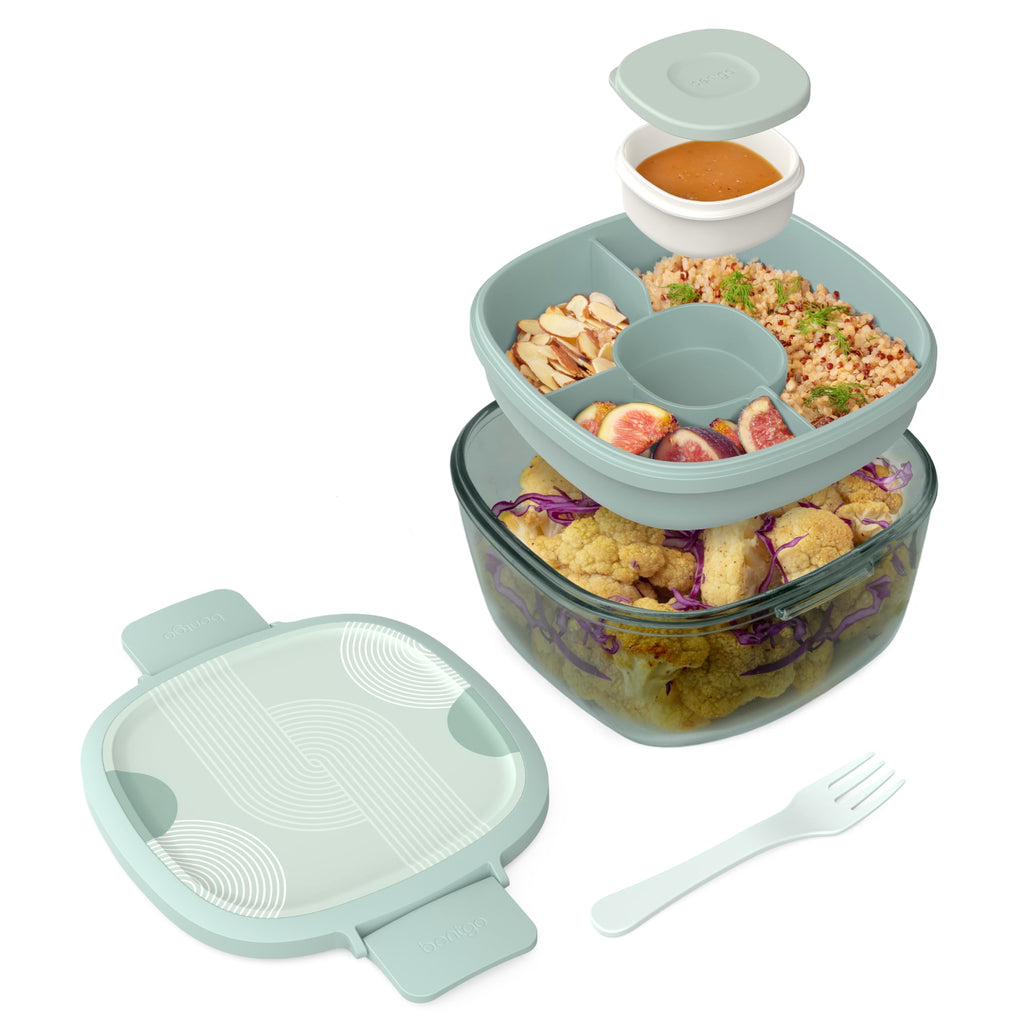 Bentgo Glass Salad Container - 7.6-Cup Salad Bowl with Airtight Lid, Leak-Proof Sauce Container, 4-Compartment Bento Tray & Reusable Fork - BPA-Free for Meal Prep, Office & More (Lavender)