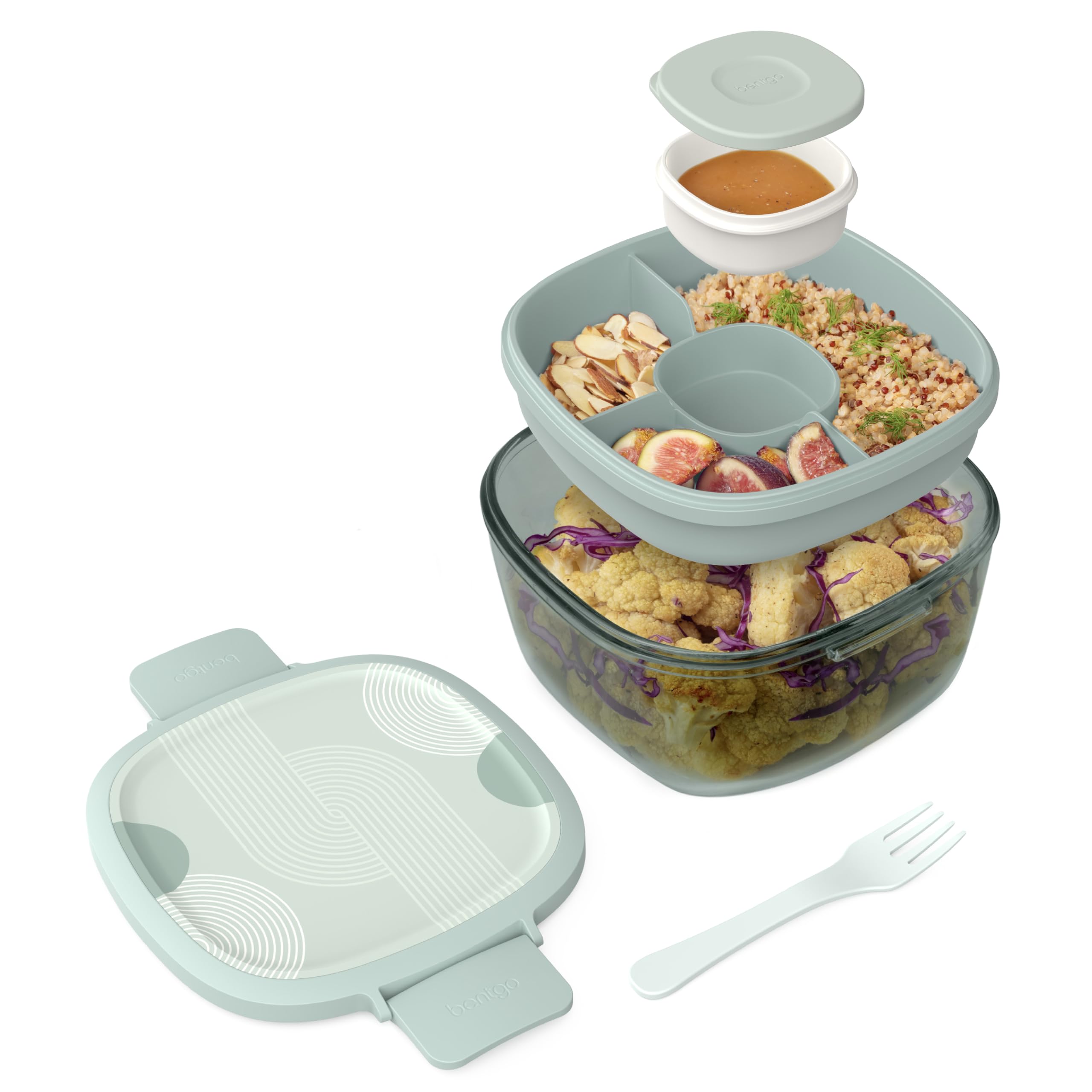 Bentgo Glass Salad Container - 7.6-Cup Salad Bowl with Airtight Lid, Leak-Proof Sauce Container, 4-Compartment Bento Tray & Reusable Fork - BPA-Free for Meal Prep, Office & More (Lavender)