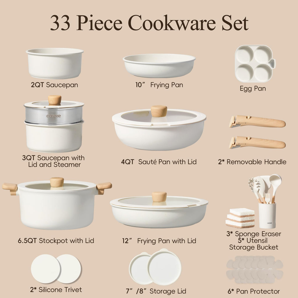 CAROTE 19pcs Pots and Pans Non Stick, Cookware Sets Detachable Handle, Induction Kitchen Pots and Pans,NonStick Cooking Set, Oven/Dishwasher/Fridge Safe, Space Saving
