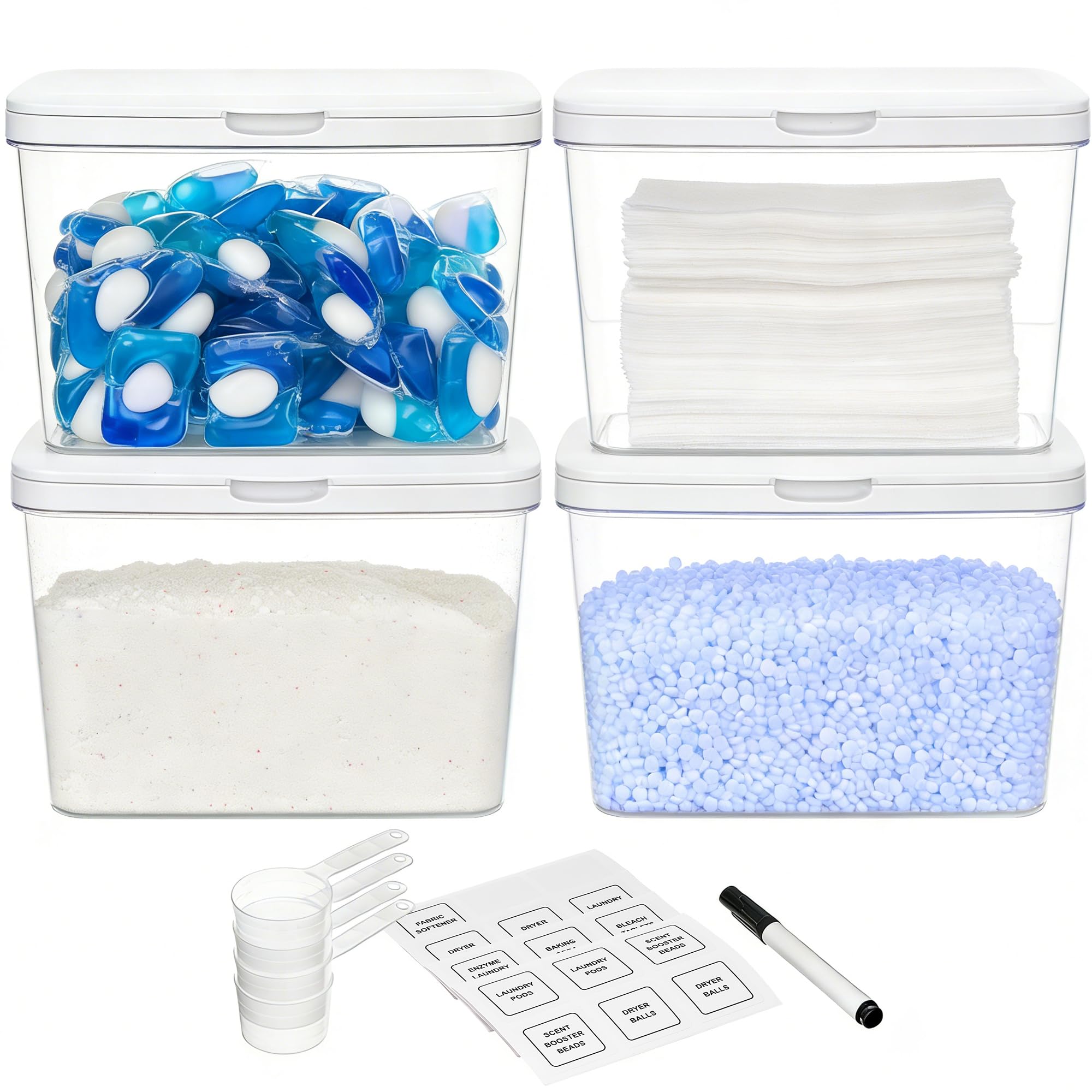 Vtopmart 4 Pack Laundry Pods Container and Dryer Sheet Holder, Detergent Powder Container with Lids &Labels & Scoop for Laundry Room Organization, Laundry Storage for Powder, Pods, Scent Booster Beads