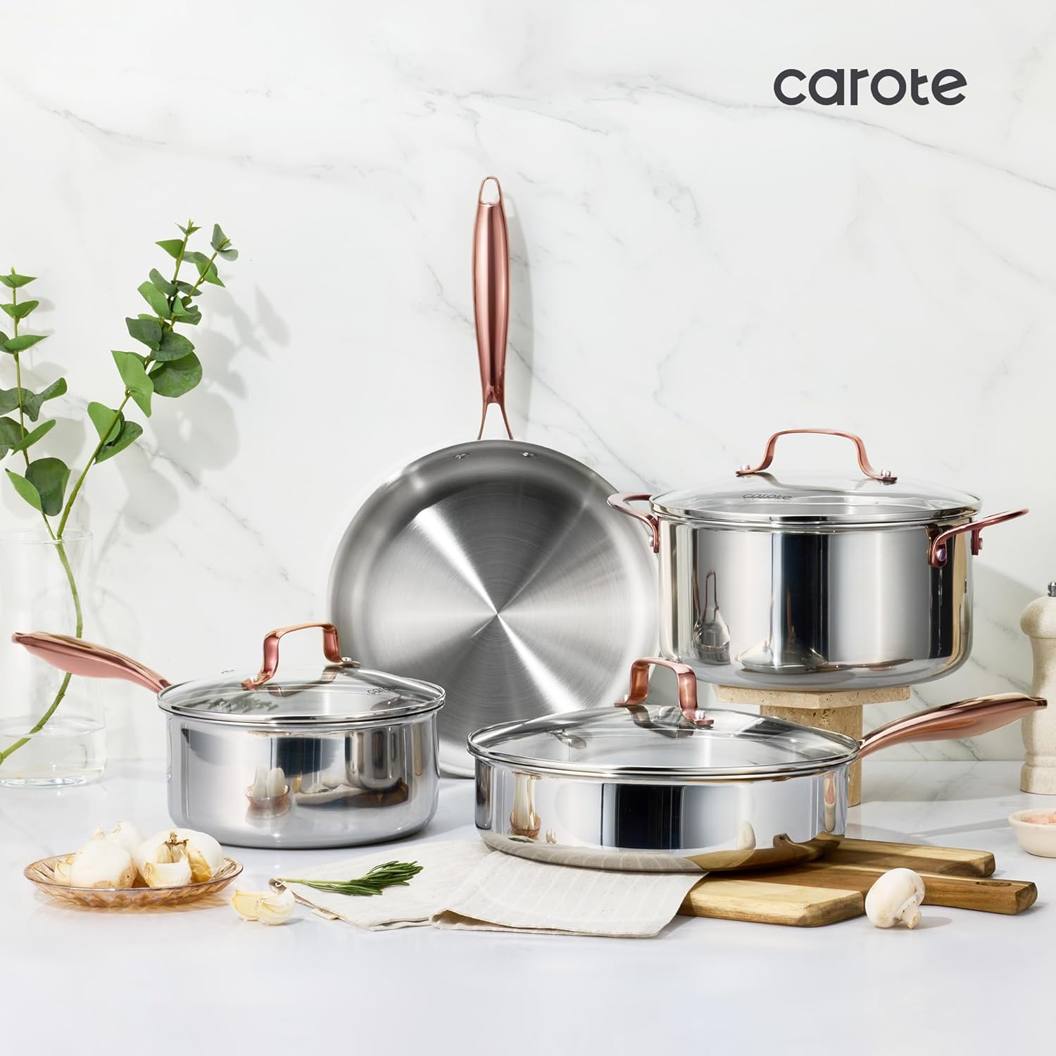CAROTE 10" Tri-Ply Stainless Steel Deep Frying Pan with Lid, Non-Toxic Saute Pan, Oven Safe, Induction, Ceramic and Gas Cooktops Compatible, Silver