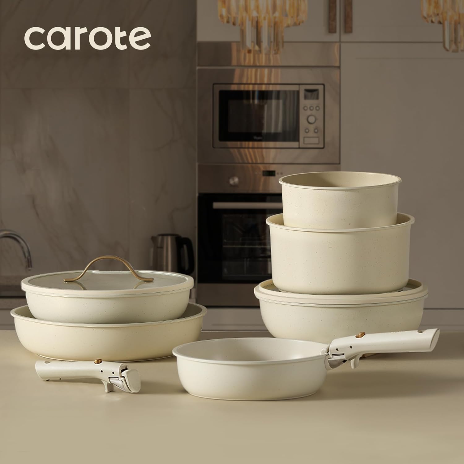 CAROTE 7pcs Pots and Pans Set Non Stick, Cookware Set with Detachable Handle, Kitchen Cookware Sets with Removable Handle, RV Cookware Set, Oven Safe, Cream White