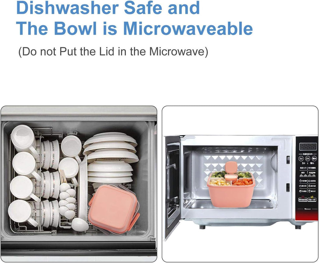 Freshmage Salad Lunch Containers To Go, 2 Pack 52-oz Bowls with 3 Compartments, Dressing Containers for Toppings, Snacks - Pink & Green