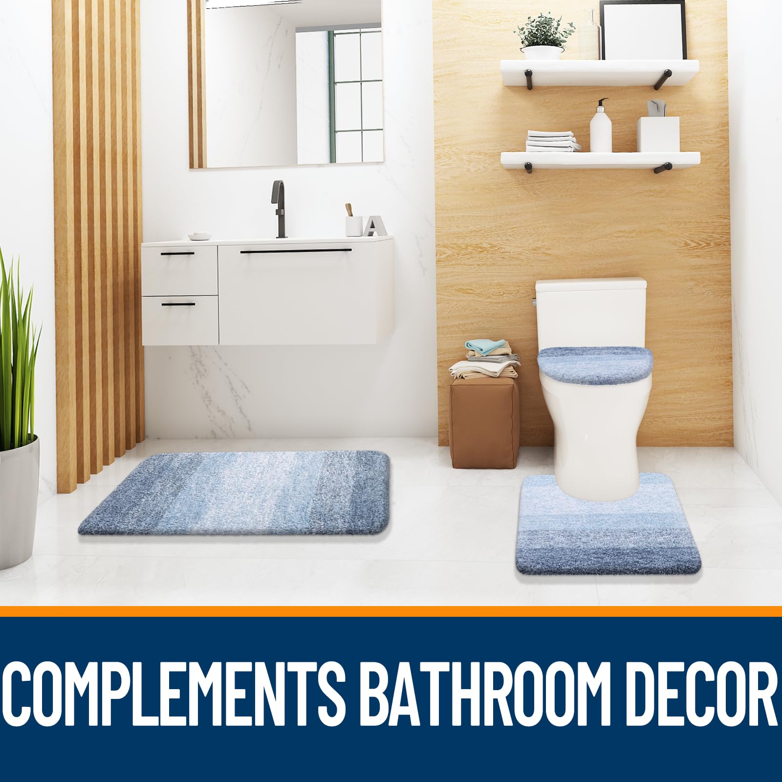 OLANLY Bathroom Rugs Sets 3 Piece, Soft Microfiber Absorbent Bath Mat, U-Shaped Contour Toilet Mat and Toilet Lid Cover, Quick Dry, Machine Washable, Toilet Cover and Rug Set for Bathroom, Grey