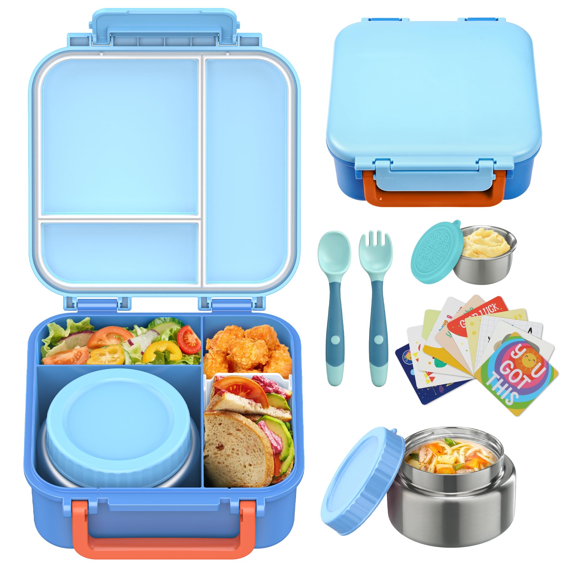 Kids Bento Lunch Box with 9oz Soup Thermo Leakproof Lunch Food Containers 4 Compartment with Insulated Hot Food Jar for Kid Toddler Girls Boys to School Trvael