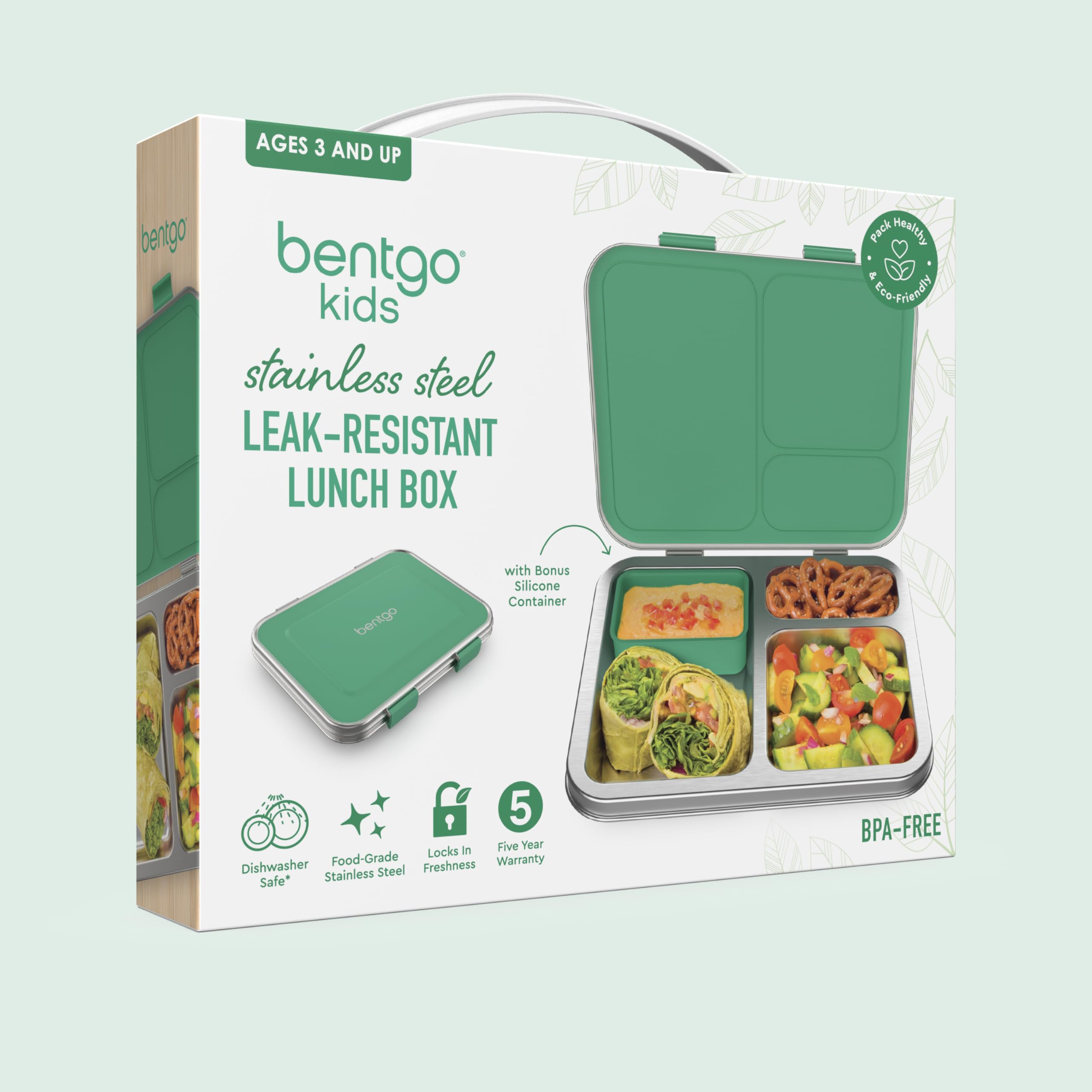 Bentgo Kids Stainless Steel Leak-Resistant Lunch Box - 3-Compartments with Bonus Silicone Container, Durable, Eco-Friendly, Dishwasher Safe, BPA-Free, Ideal for School, Ages 3+ (Blue)