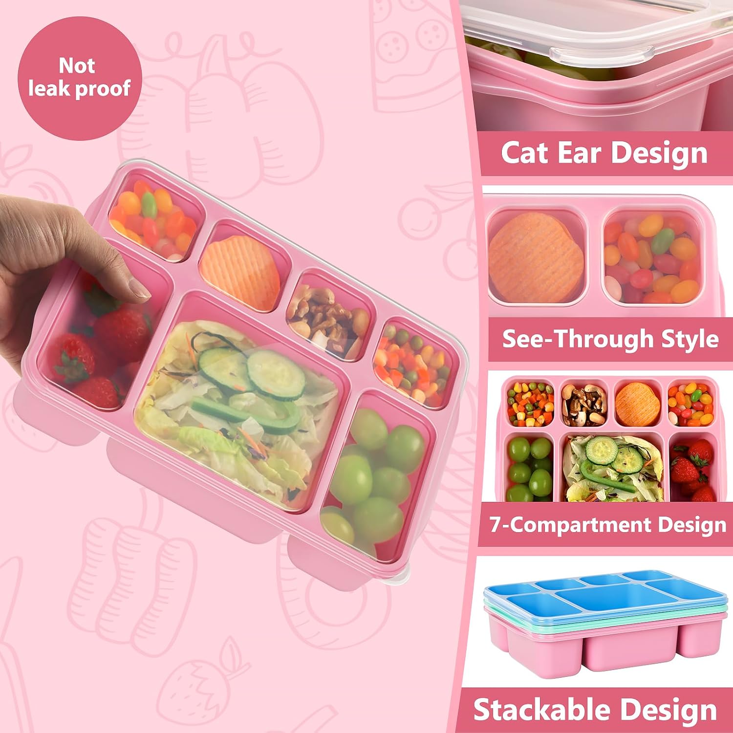 Freshmage Bento Box Lunch Box 3 Pack, 7-Compartment Meal Prep Containers with Lids, Reusable Stackable Snack Containers for Adults, BPA-Free, Microwave & Dishwasher Safe (3 Colors)