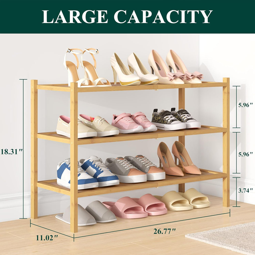 Smiry Bamboo Shoe Rack, 3 Tier Shoe Organizer for Entryway & Closet, Stackable Free Standing Storage Shelf for Shoes, Bags & Plants, Natural