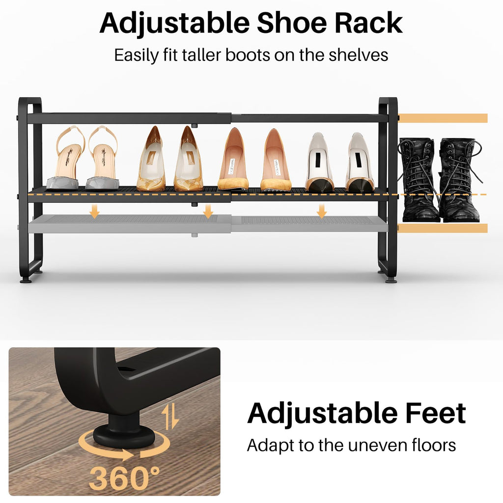 SNTD Shoe Rack - Expandable Shoe Organizer for Closet, Adjustable Metal Shoe Shelf Storage, Stackable Long Shoe Stand Holder for Garage, Entryway, Door Entrance (Black, 2-Tier)