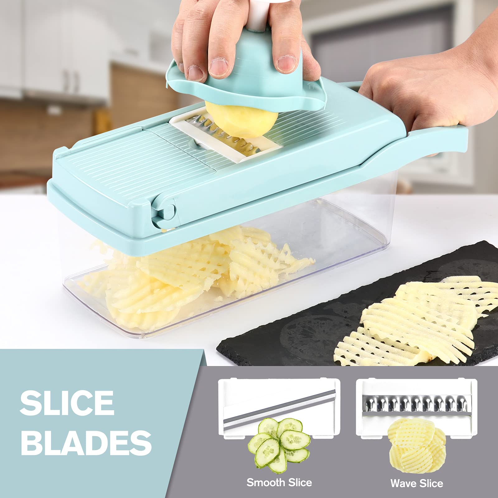 KEOUKE Vegetable Chopper Mandoline Slicer Grey - 12 in 1 Interchangeable Blades Food Chopper with Container, Hand Guard & Drainer, Veggie Dicer Kitchen Gadget for Onion, Cucumber, Tomato, Fruit
