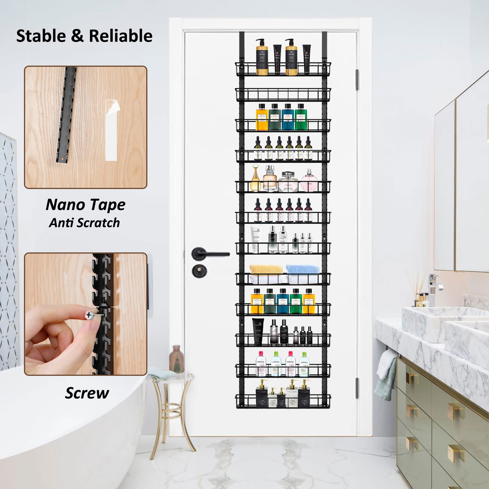 Churboro Over the Door Pantry Organizer Rack with 9 Adjustable Baskets, 9 Tiers Dual-use Hanging or Wall Mount Spice Rack Organizer, Black