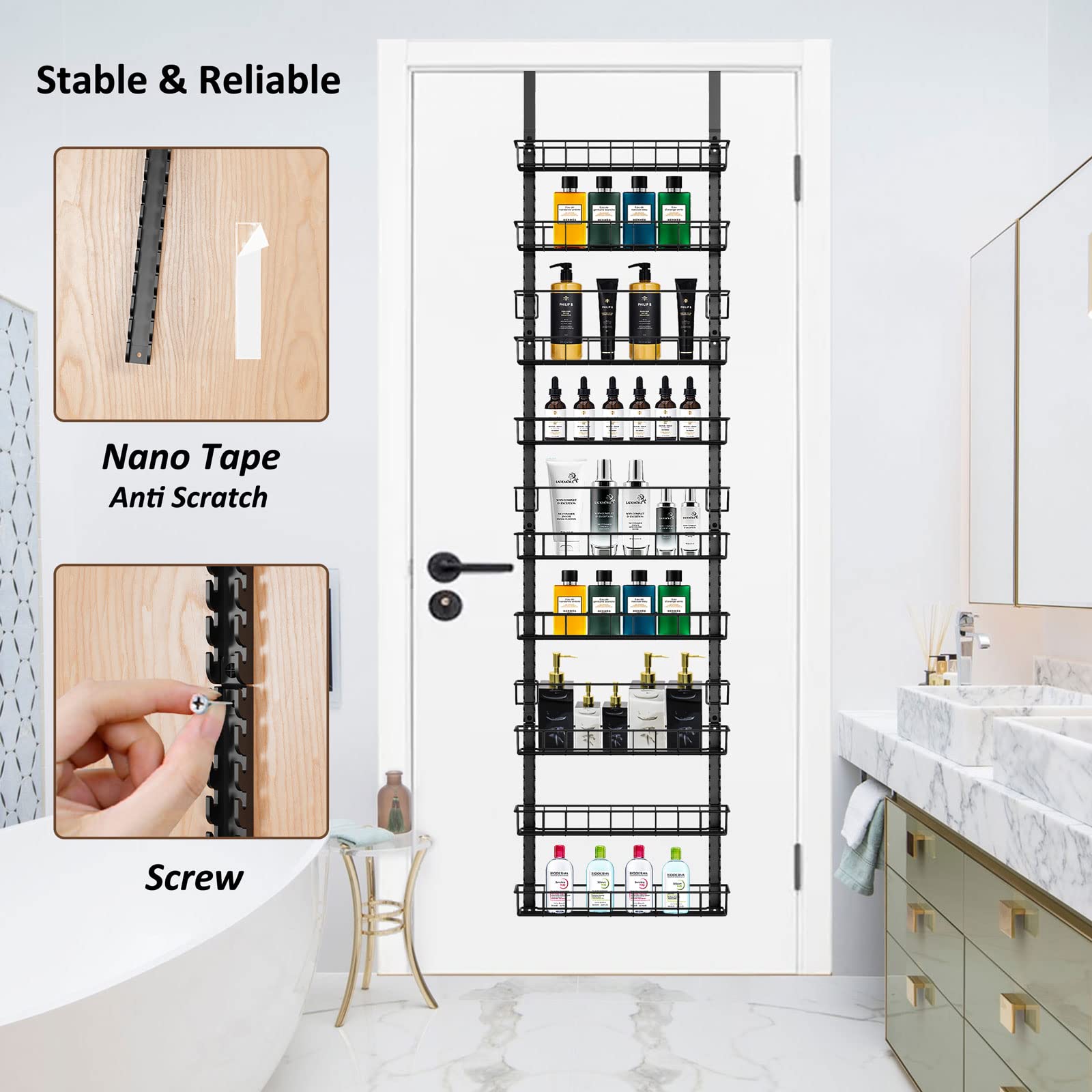Churboro Over the Door Pantry Organizer Rack with 9 Adjustable Baskets, 9 Tiers Dual-use Hanging or Wall Mount Spice Rack Organizer, Black