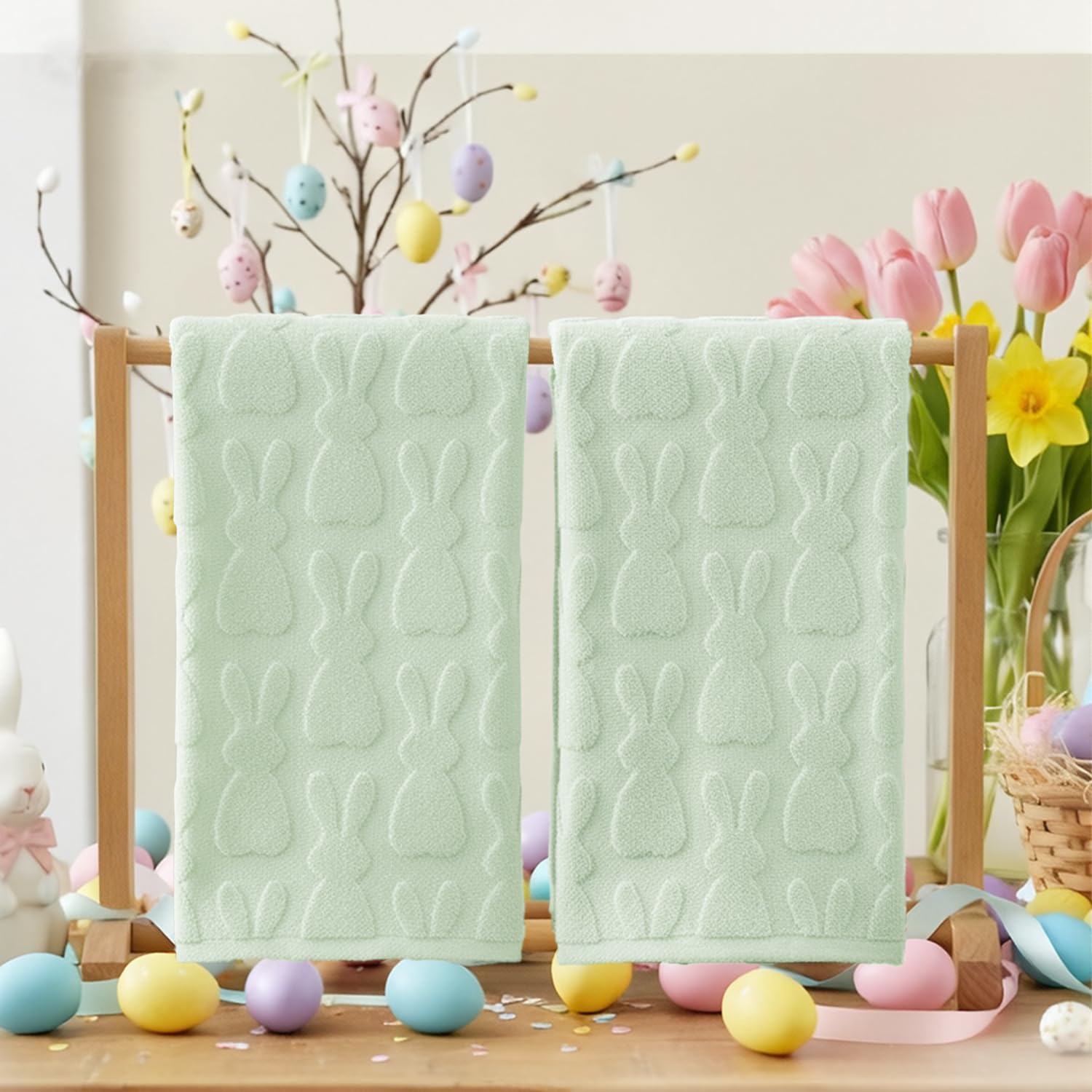 Artoid Mode 2 Pcs Beige 3D Rabbit Jacquard Easter Hand Towels for Bathroom, 100% Cotton Soft Absorbent Bathroom Decor Towels, 13.7 x 29.5 Inch