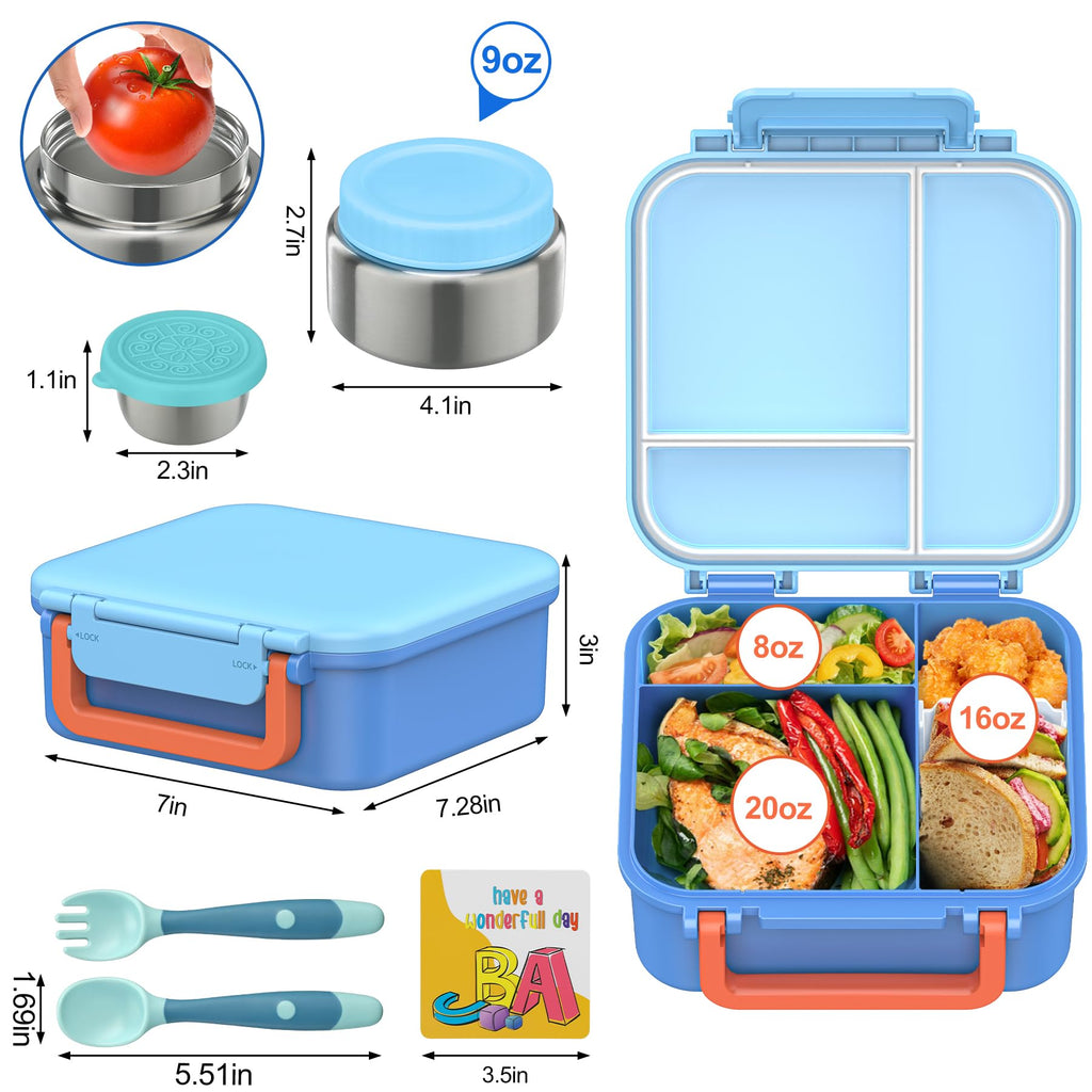 Kids Bento Lunch Box with 9oz Soup Thermo Leakproof Lunch Food Containers 4 Compartment with Insulated Hot Food Jar for Kid Toddler Girls Boys to School Trvael