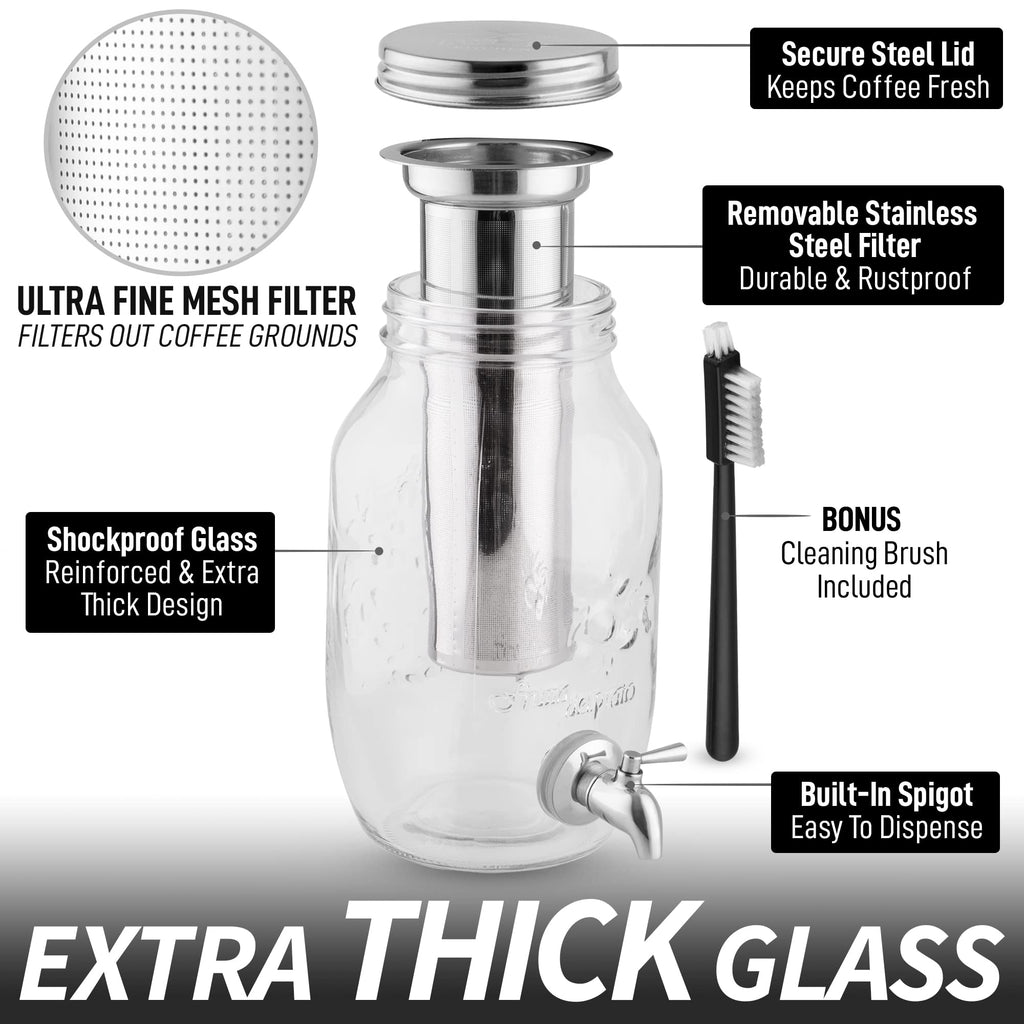 Zulay 1 Gallon/128oz Cold Brew Coffee Maker – Thick Glass Pitcher with Stainless Steel Filter, Lid & Spout – Large Mason Jar Container Dispenser - Iced Coffee & Sun Tea Brewer for Fridge – Silver