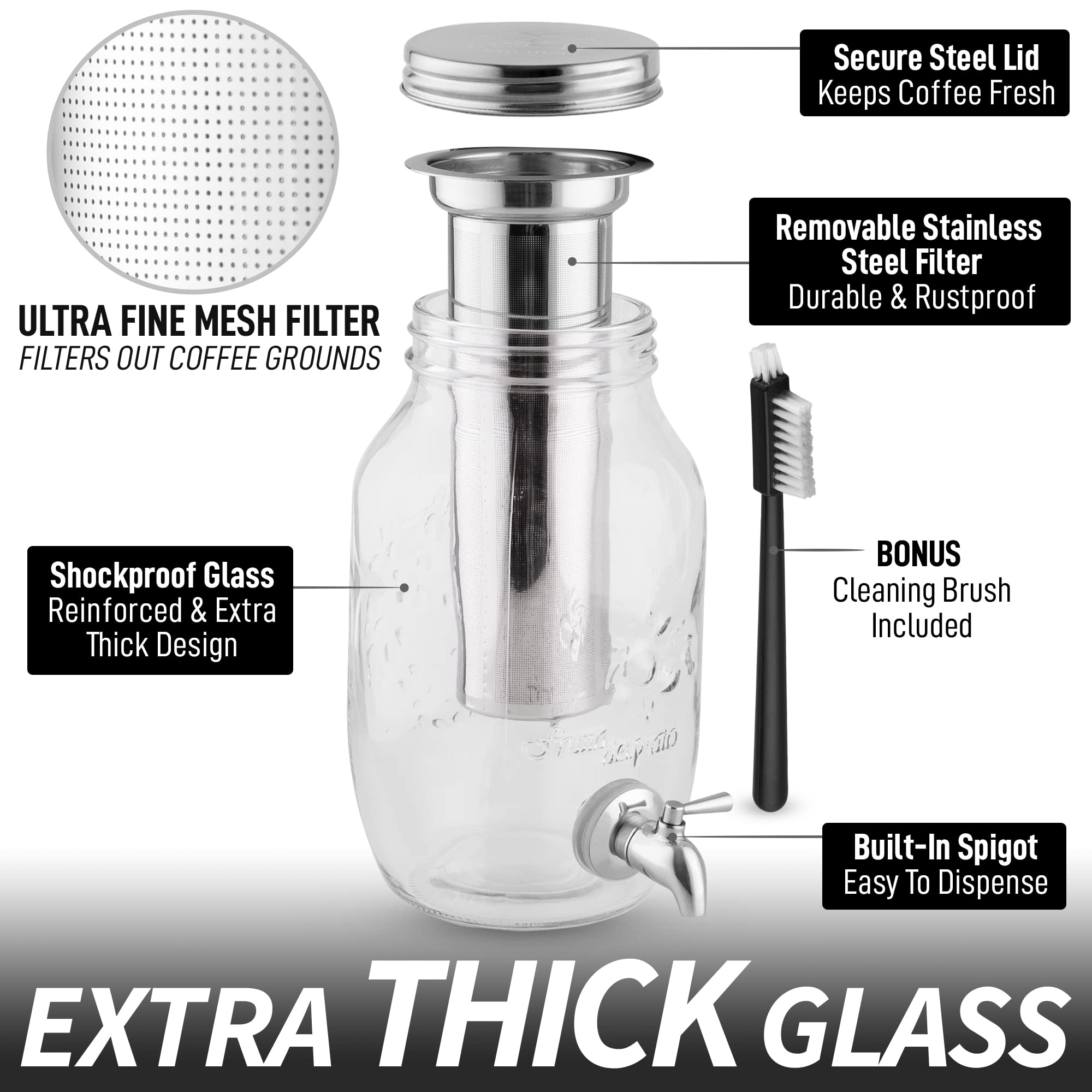 Zulay 1 Gallon/128oz Cold Brew Coffee Maker – Thick Glass Pitcher with Stainless Steel Filter, Lid & Spout – Large Mason Jar Container Dispenser - Iced Coffee & Sun Tea Brewer for Fridge – Silver