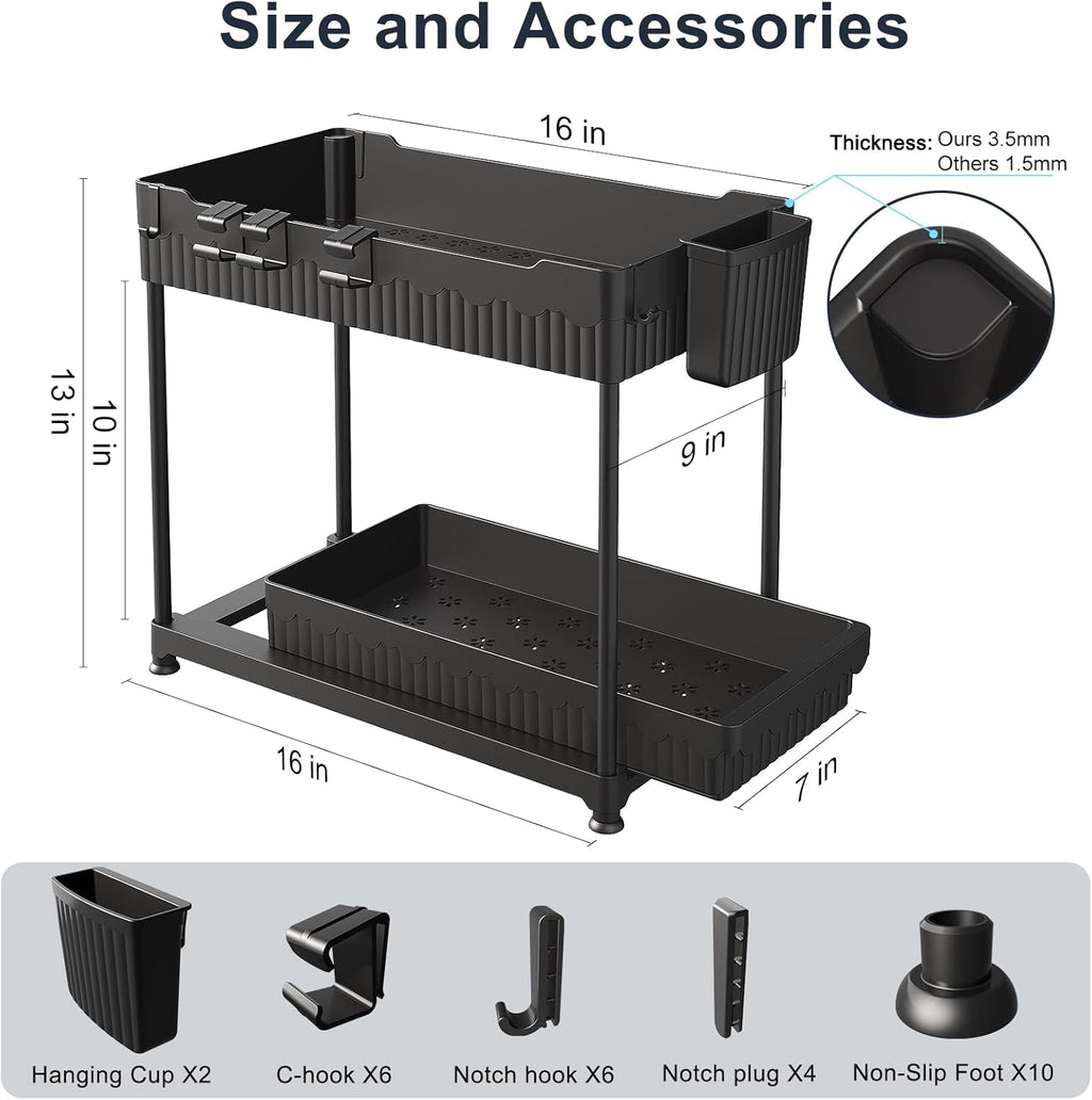 Under Sink Organizer, 2 Tier Sliding Bathroom Cabinet Organizer and Storage，Multi-purpose Under Kitchen Sink Oragnizers and Storage (Black 2Pack)