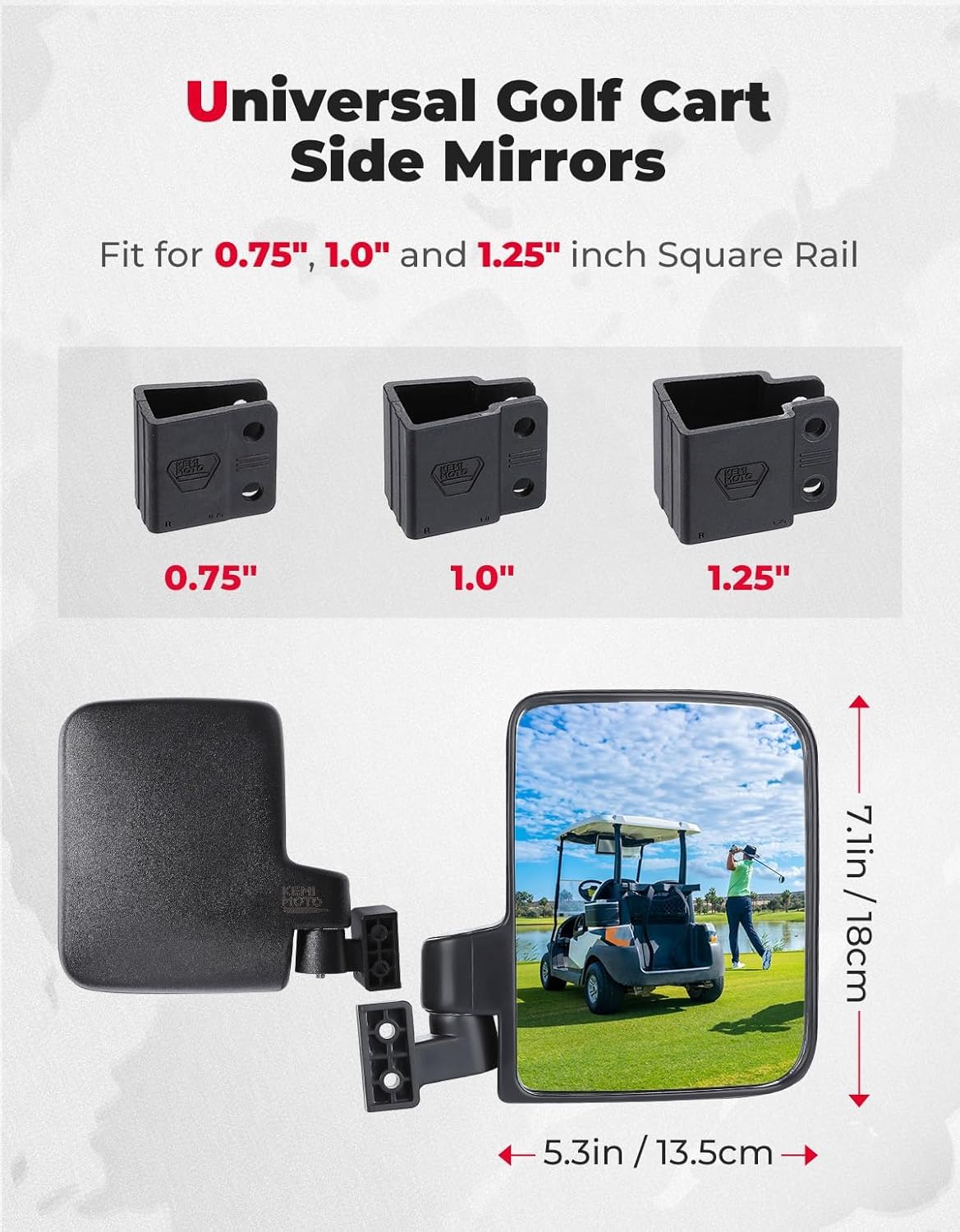 KEMIMOTO No Drilling Golf Cart Side Mirrors, Universal Rear View Mirror for 0.75"-1.25" Square Rail, Folding Design Compatible with EZGO, Club Car, Drive2, ICON, Black