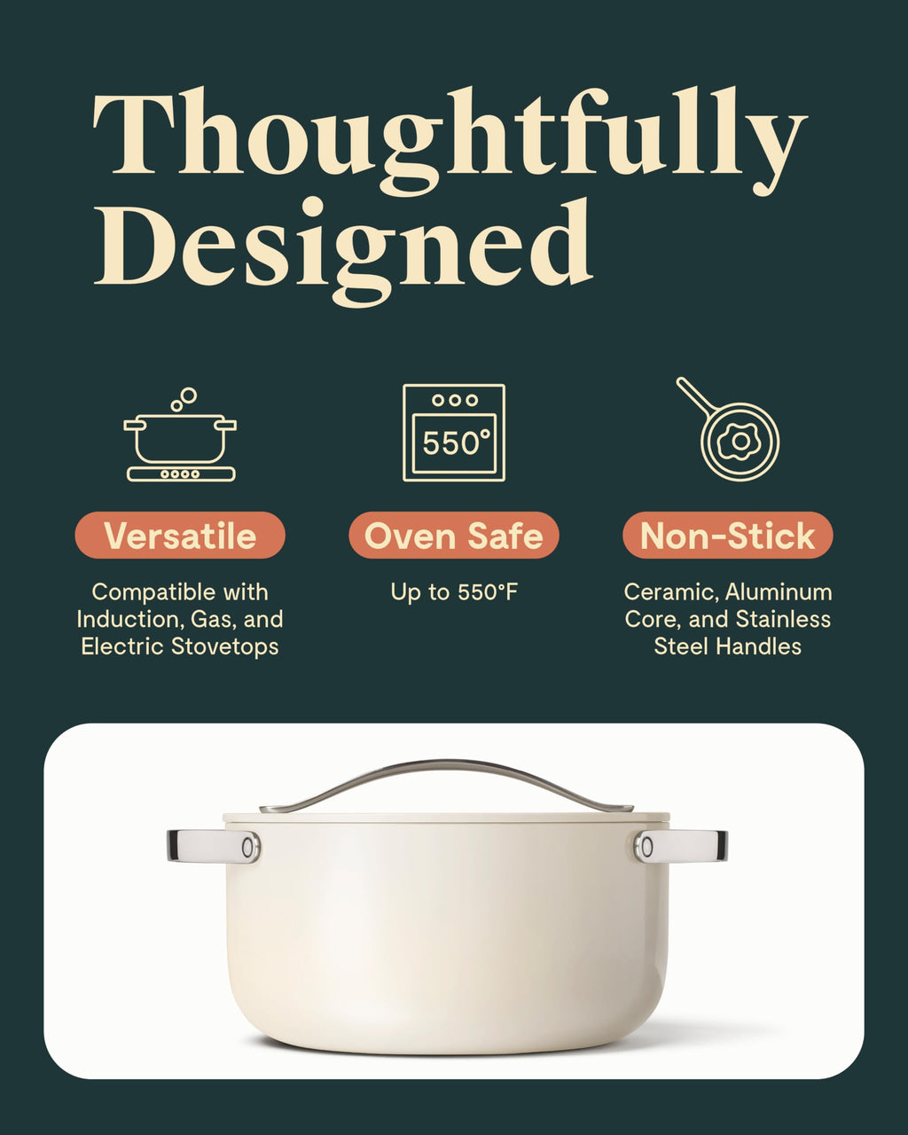 Caraway Dutch Oven Pot with Lid (6.5 qt, 10.5") - Non-Stick Ceramic Coating - Free From Forever Chemicals - Oven Safe & Stovetop Agnostic - Cream