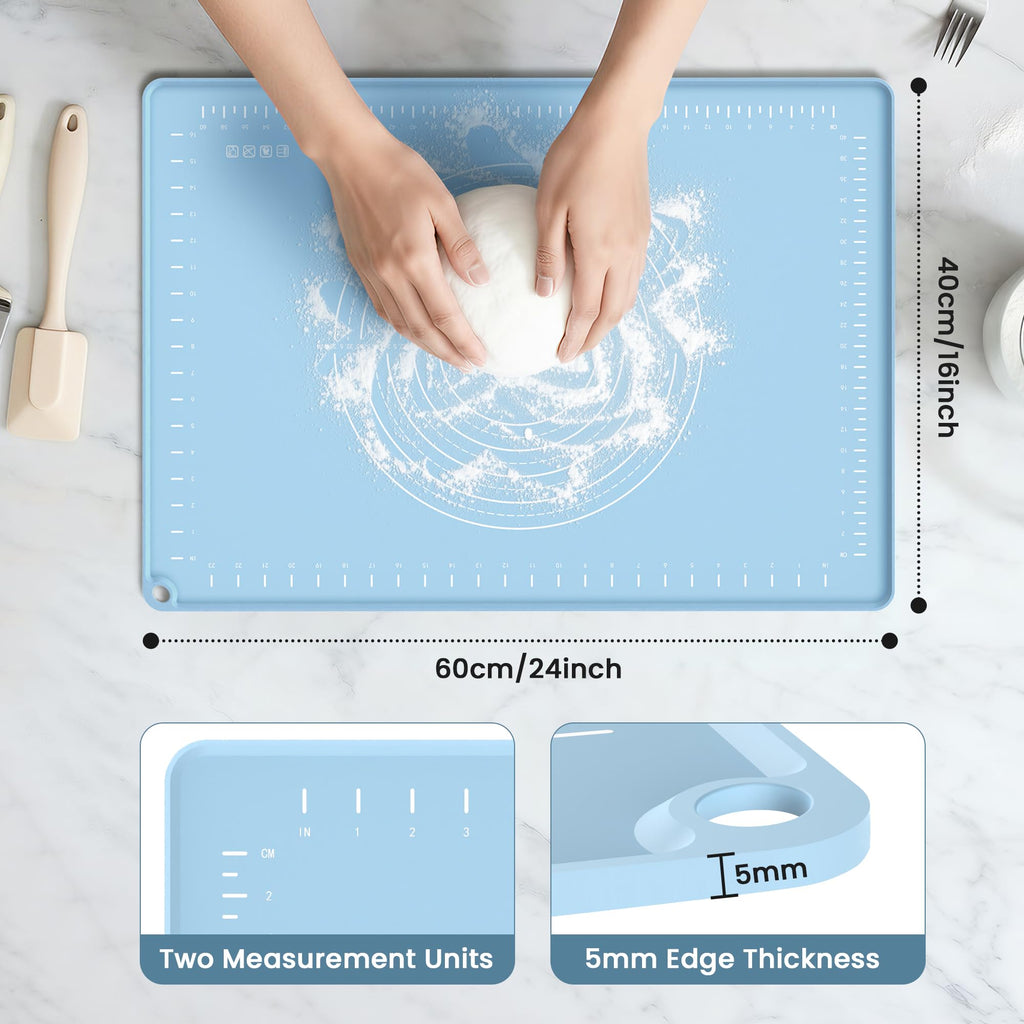 Silicone Baking Mat 28x20 Inches | Extra Thick Dough Rolling Mat with Measurements and Edge Heightening | Non-Stick Food Grade Pastry Mat for Pastry, Bread, Cookies, Pizza, Fondant & Pasta