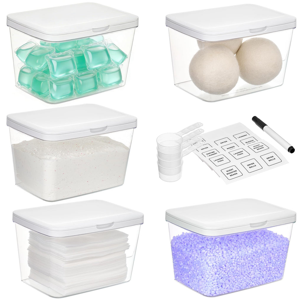 Vtopmart 4 Pack Laundry Pods Container and Dryer Sheet Holder, Detergent Powder Container with Lids &Labels & Scoop for Laundry Room Organization, Laundry Storage for Powder, Pods, Scent Booster Beads