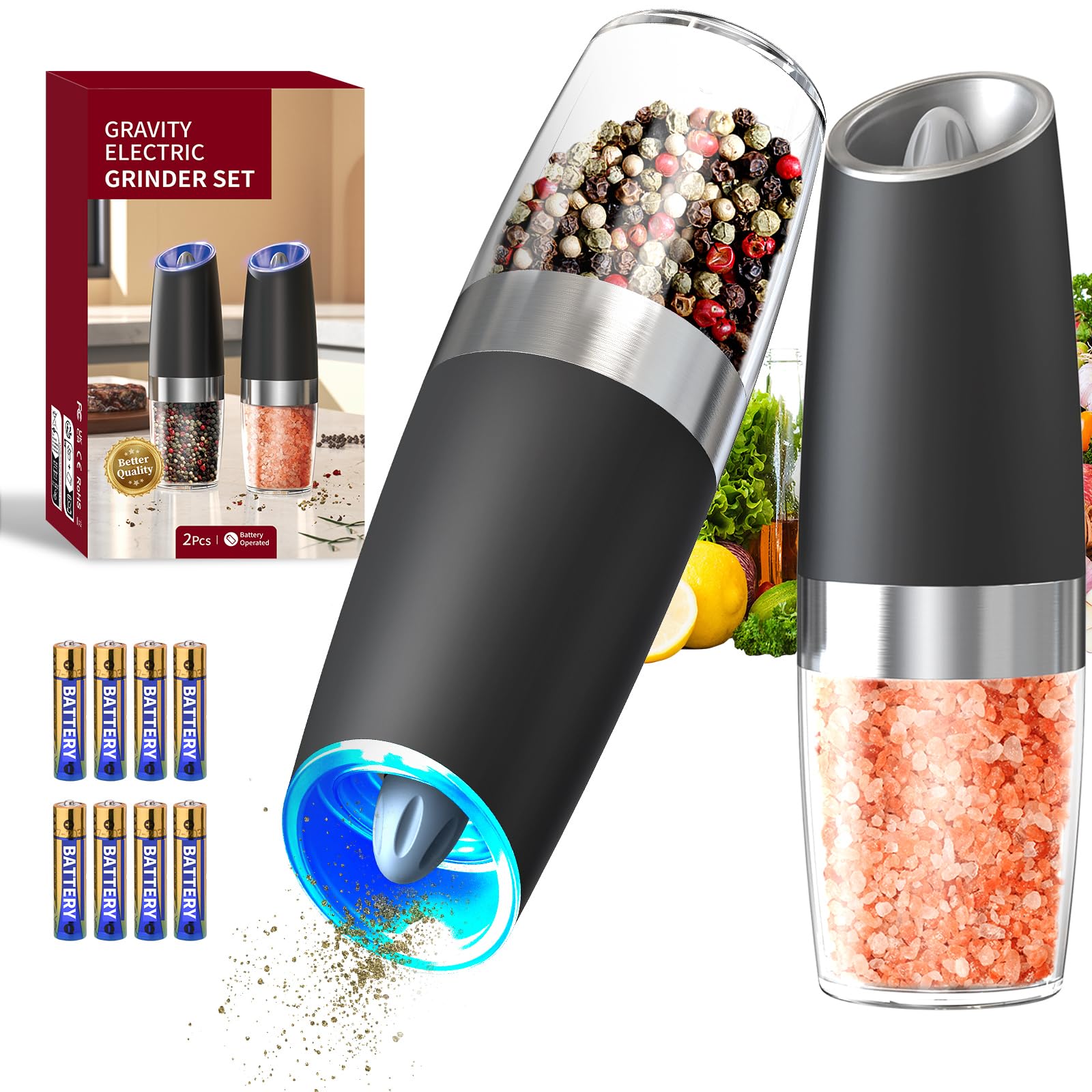 CIRCLE JOY Rechargeable Salt and Pepper Grinder Set Gravity Electric Salt and Pepper Grinder Set, LED Light, Adjustable Coarseness, for Home Kitchen BBQ, Black & White