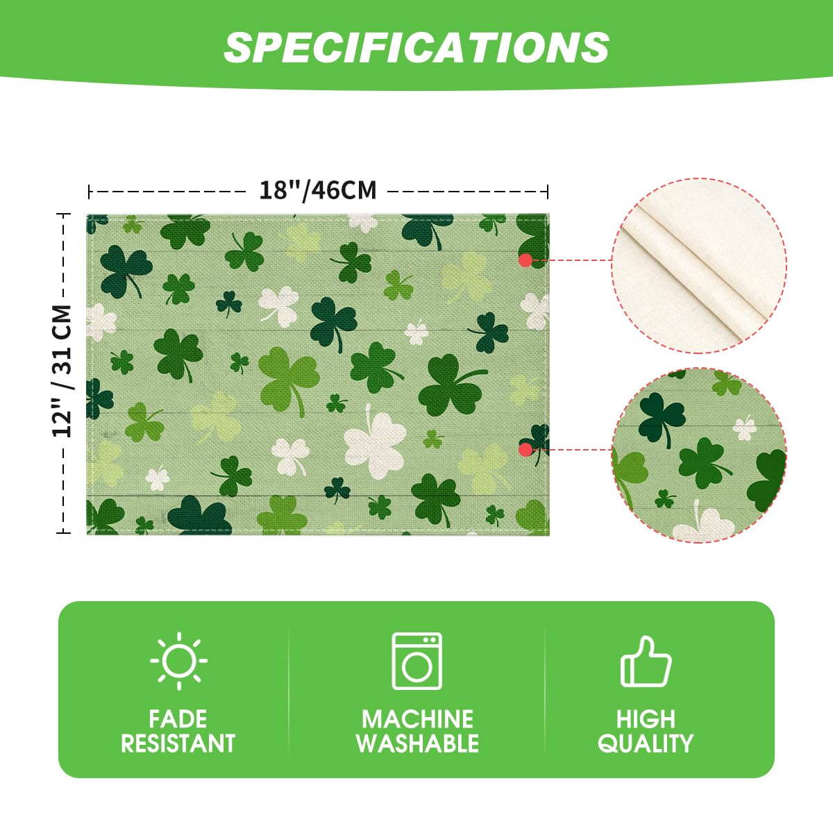 Artoid Mode Green Shamrock St. Patrick's Day Placemats Set of 4, 12x18 Inch Seasonal Spring Table Mats for Party Kitchen Dining Decoration